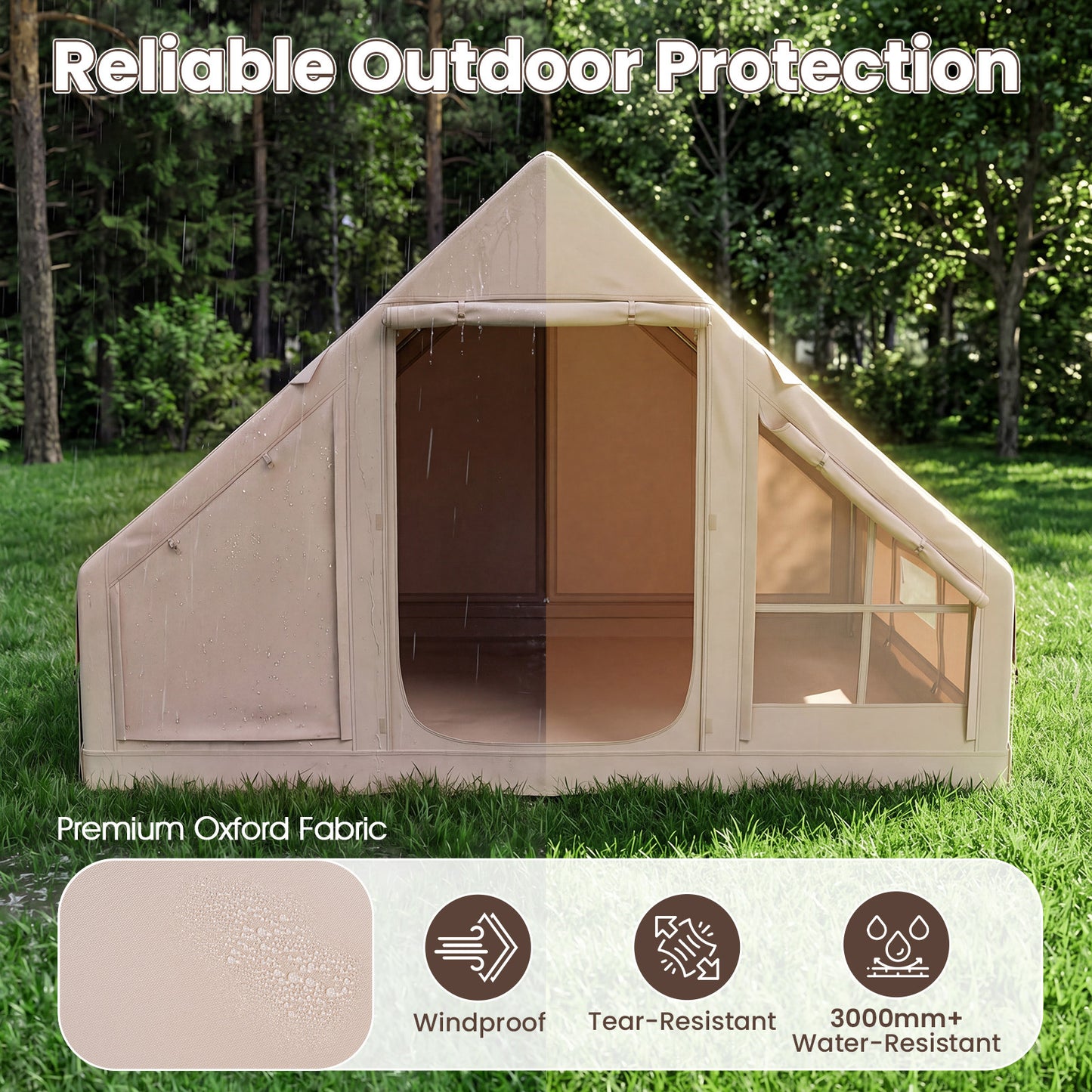 Inflatable Camping Tent with Stove Jack 4 Season Blow Up Tent with Pump-Beige