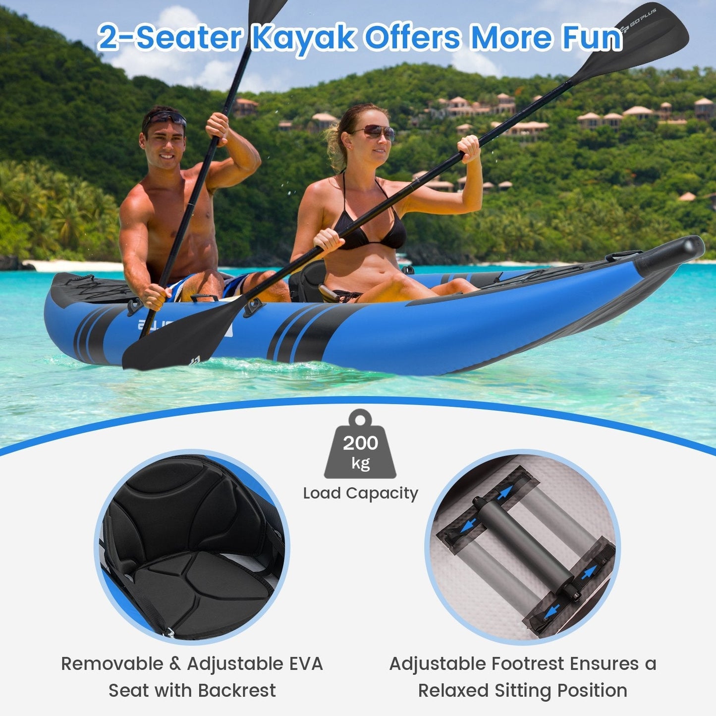 2-Person Inflatable Kayak Set with Aluminum Oars and Padded Seat-Blue