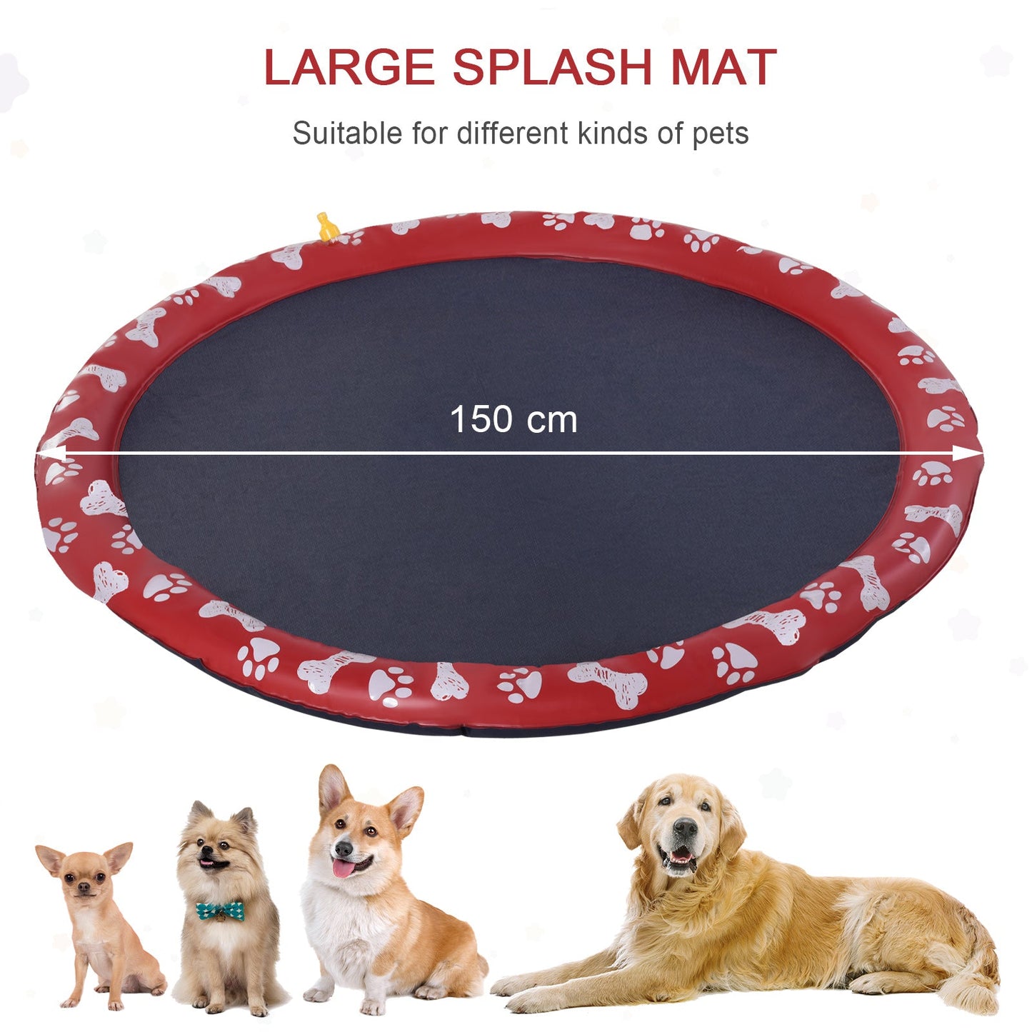 PawHut 150cm Splash Pad Sprinkler dla zwierząt domowych, do kąpieli dla psów, do gry w wodzie, mata antypoślizgowa do ogrodu, czerwona