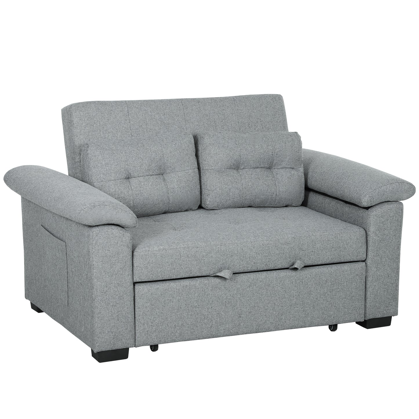 HOMCOM Pull Out Sofa Bed, Fabric 2 Seater Click Clack Sofa Bed Settee with 2 Pocket Springs, Convertible Sofa Couch with Pillows and Side Pockets for Living Room, Home Office, Light Grey