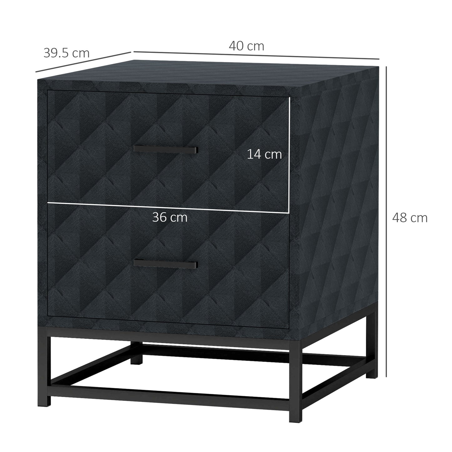 HOMCOM Bedside Tables Set of 2, Modern Bedside Table Nightstand with 2 Drawers, Bedside Cabinet Sofa Side Table with Storage, Steel Legs for Bedroom, Living Room, Black