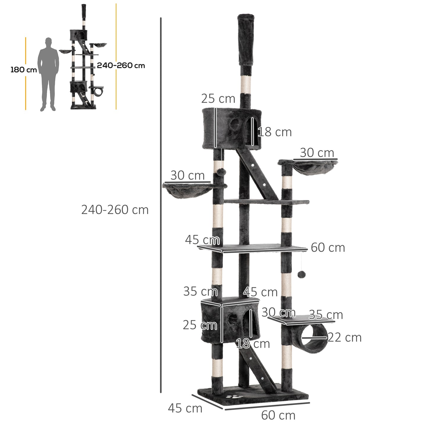 PawHut Drzewko dla kotów od podłogi do sufitu dla kotów domowych, 240-260 cm Regulowane Drzewko dla kotów - Ciemnoszary