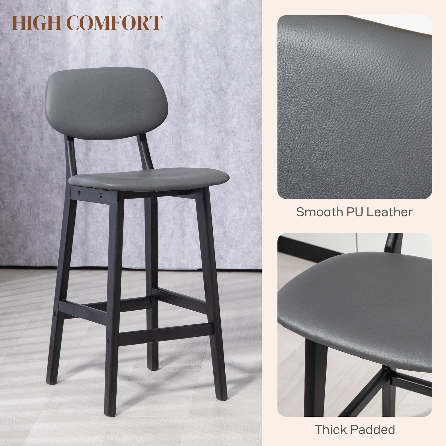 HOMCOM Bar Stools Set of 2, Breakfast Bar Chairs, PU Leather Upholstered Kitchen Stools with Backs, Footrests and Solid Wood Legs, Dark Grey