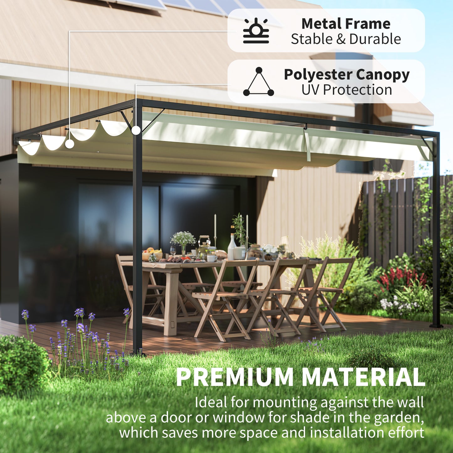 Outsunny 4 x 3(m) Pergola zewnętrzna z chowanym baldachimem, montowana na ścianie, zadaszenie tarasu, osłona przeciwsłoneczna, kremowo-biała