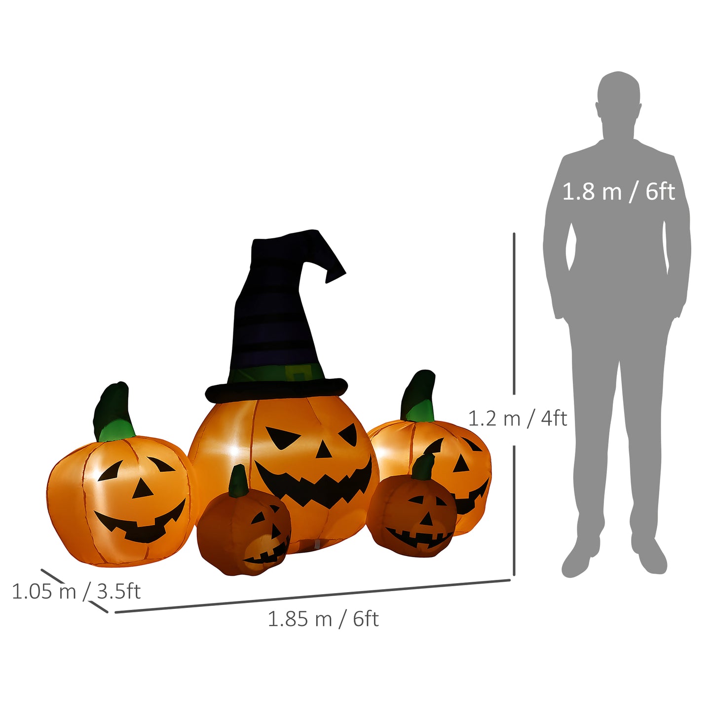 Outsunny 6ft nadmuchiwana duża dynia na Halloween w kapeluszu z czterema małymi dyniami, nadmuchiwany zewnętrzny wyświetlacz LED na trawnik, do ogrodu, na imprezę