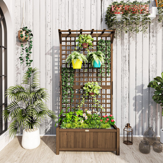 Outsunny Raised Bed with Drainage Holes, Wood Planter with Trellis for Climbing Plants to Grow Vegetables, Flowers, Brown