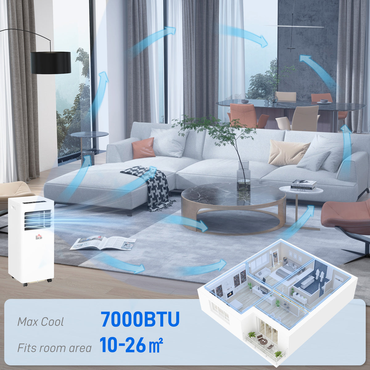 HOMCOM 7000 BTU Air Conditioning Unit, 3-in-1 Portable Air Conditioner, Dehumidifier, Cooling Fan with 2 Speeds, 24H Timer, Remote Control, Digital Display, Window Venting Kit, 26m²