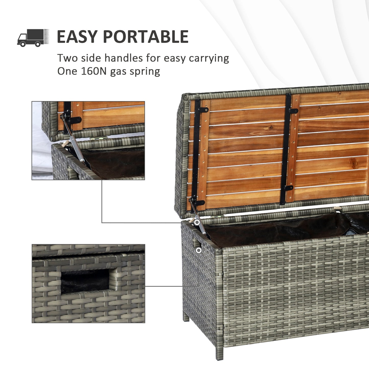 Outsunny Patio Wicker Storage Bench Box, Outdoor Garden PE Rattan Pool Storage Deck Bin Box z blatem z naturalnego drewna, pokrywką, idealny do przechowywania narzędzi, akcesoriów i zabawek, mieszany szary