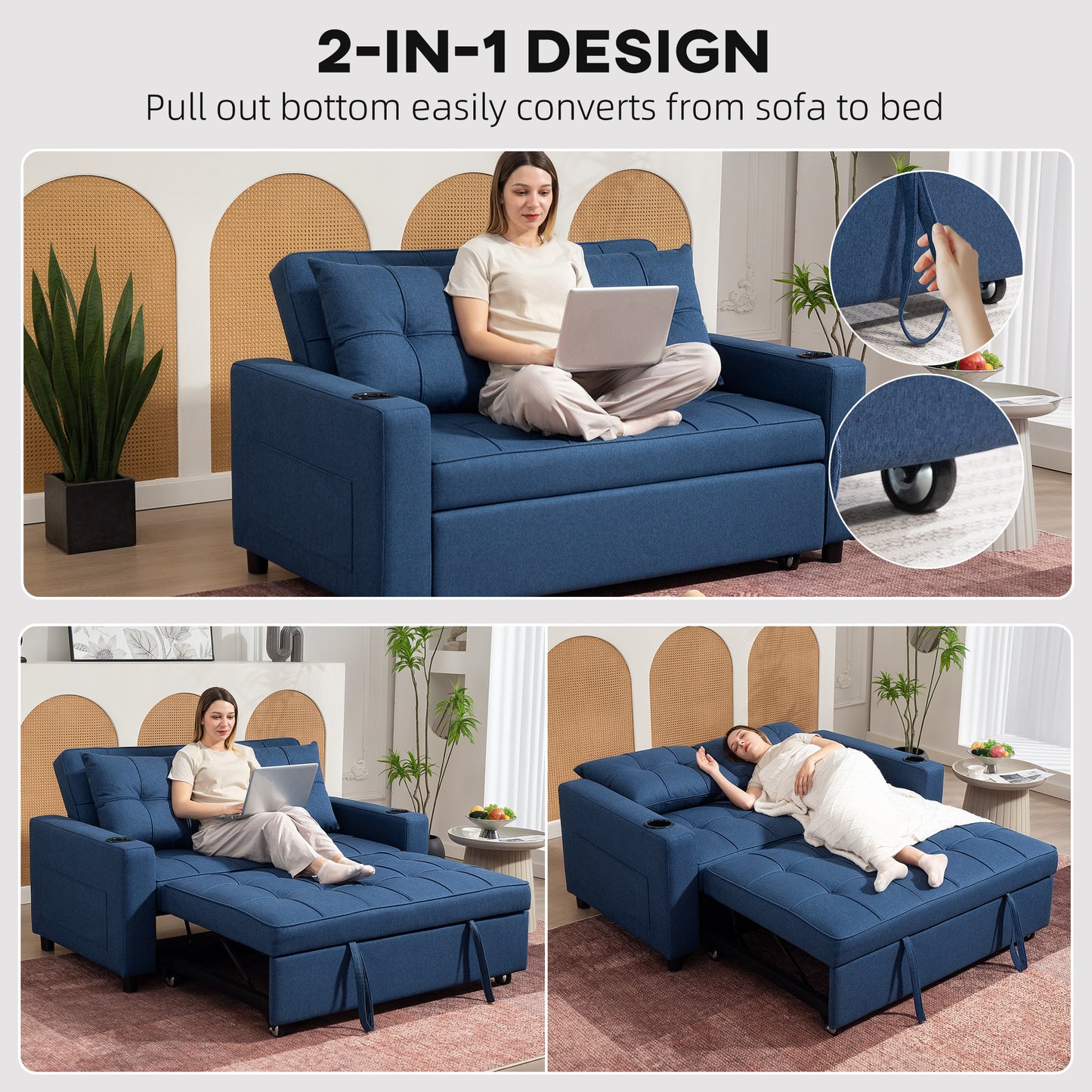 HOMCOM Dwuosobowa rozkładana sofa z funkcją spania - ciemnoniebieska