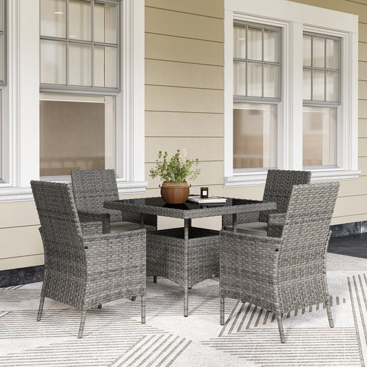 Outsunny Rattan Garden Furniture Set, Outdoor Dining Table and Chairs 4 Seater with Cushions, Square Tempered Glass Top, 4 Armchairs, for Balcony, Terrace, Conservatory, Grey