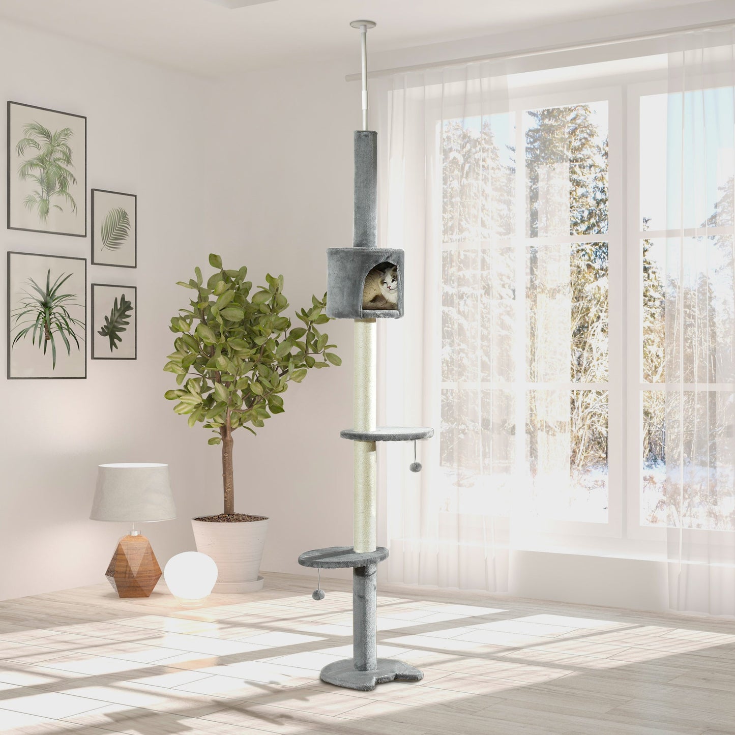 PawHut Floor to Ceiling Cat Tree for Indoor Cats, Kitten Tower, Condo, Multi-Layer Activity Center, Indoor Pet Play House with Solid Scratching Post Hanging Balls, Light Grey
