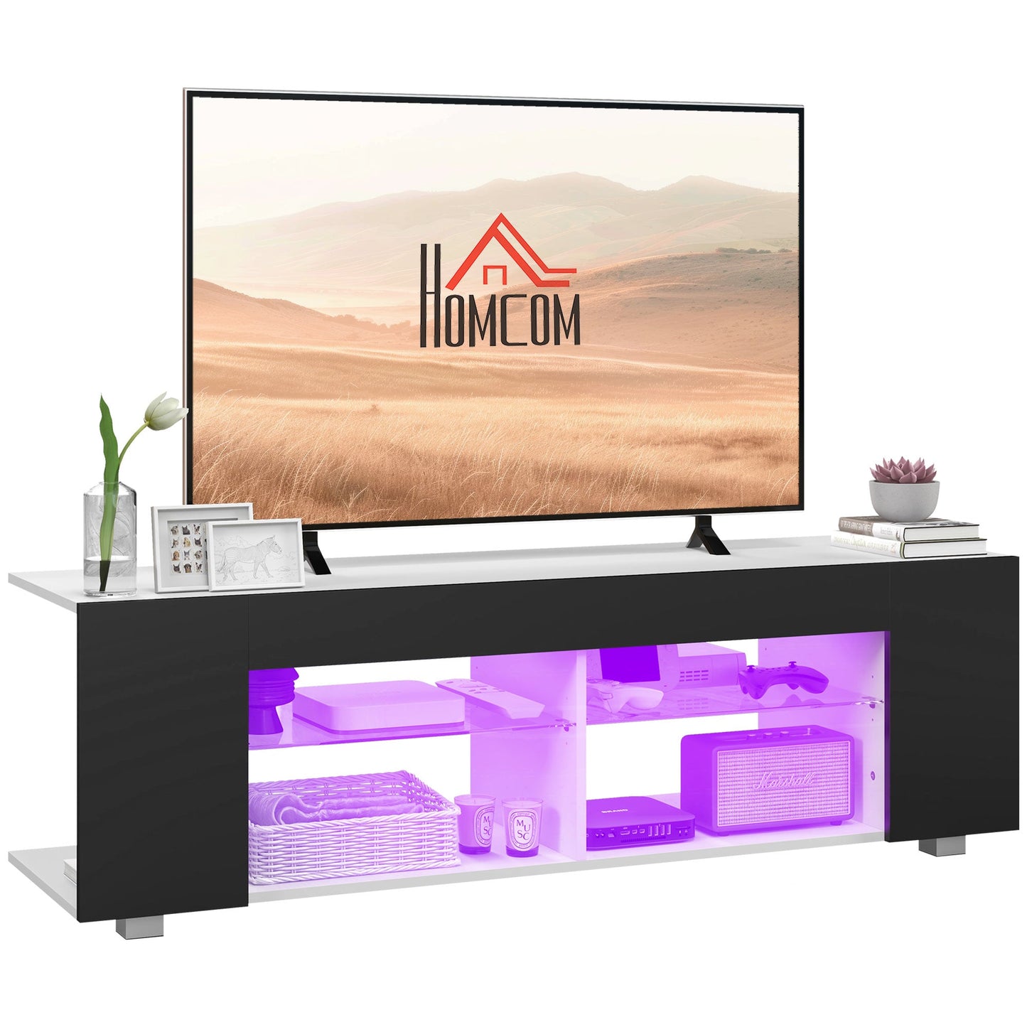 HOMCOM Szafka pod TV Multi-Shelf z regulowanymi światłami LED - czarna