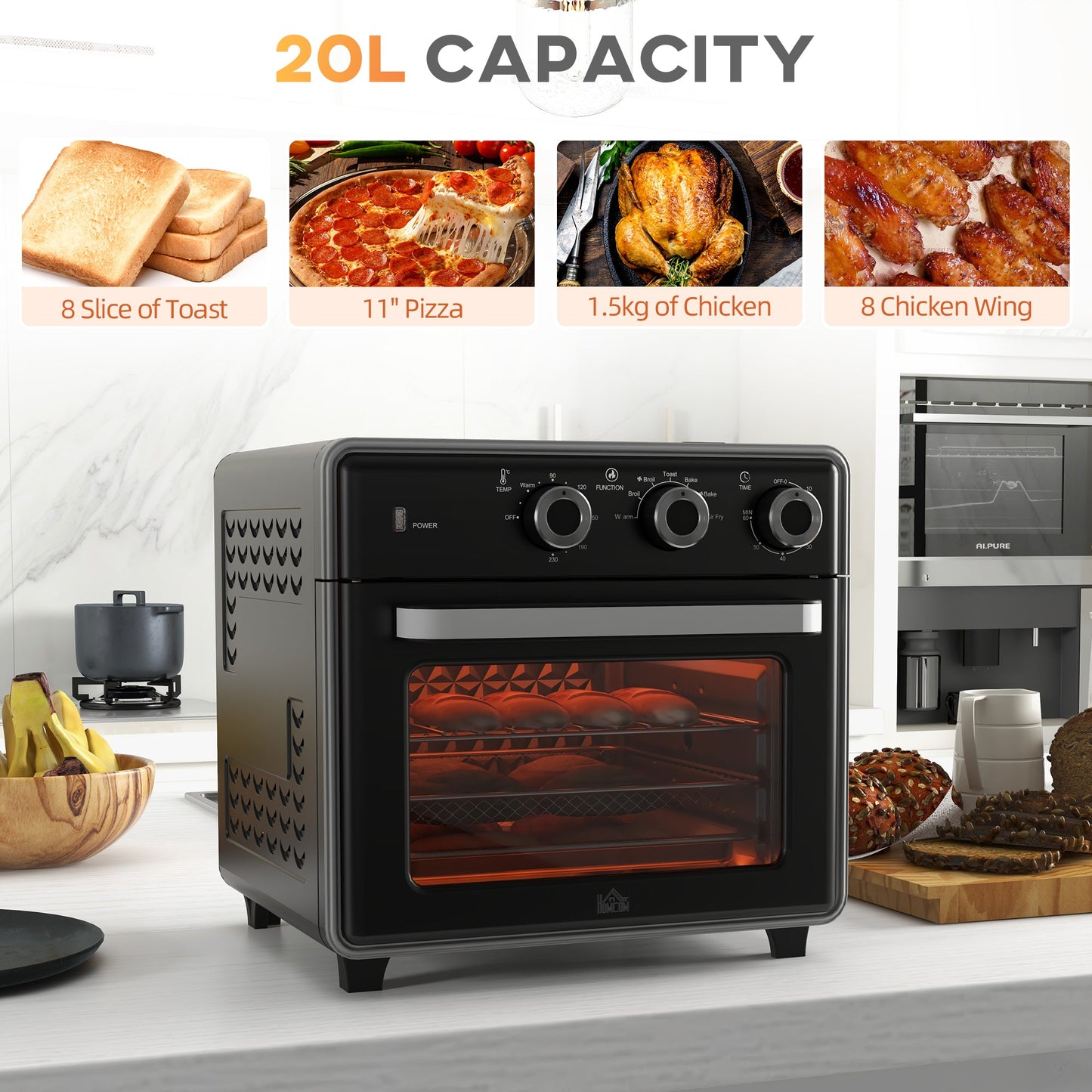 HOMCOM 20L 90-230_ Mini Convection Oven, with Air Fry Function - Black