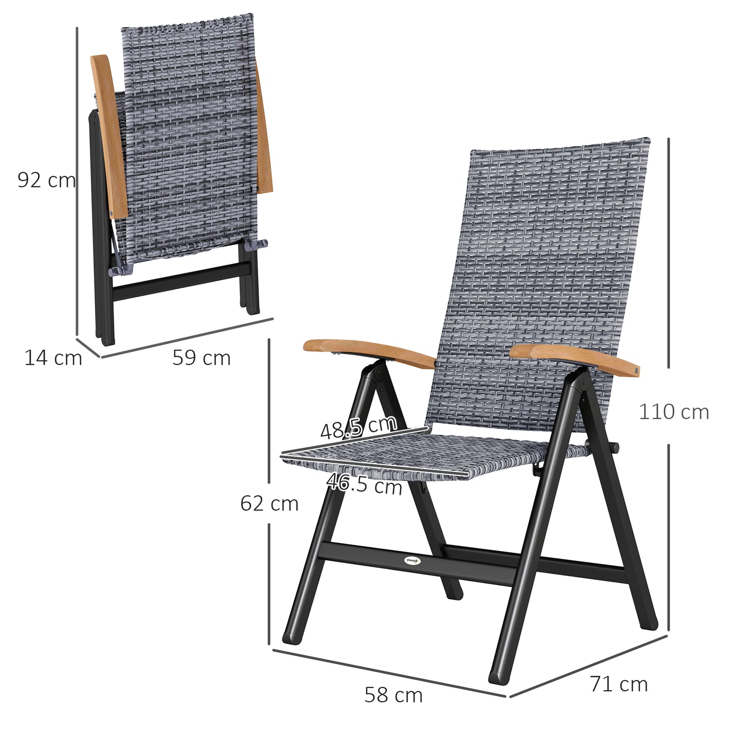 Krzesło ogrodowe Outsunny, 2 sztuki, składane, z podłokietnikami, wysokie oparcie, do ogrodu, na kemping, balkon, jasnoszare