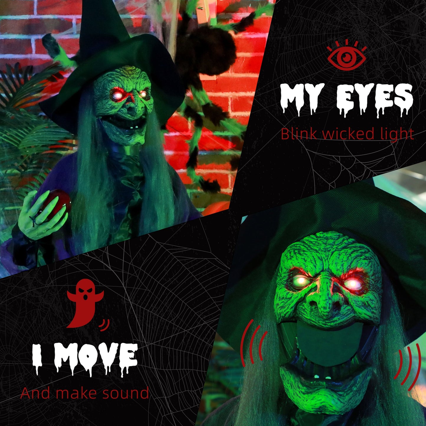 HOMCOM 180 cm Life Size Halloween Animated Standing Witch, Spooky Witch with Glowing LED Eyes, Battery Operated