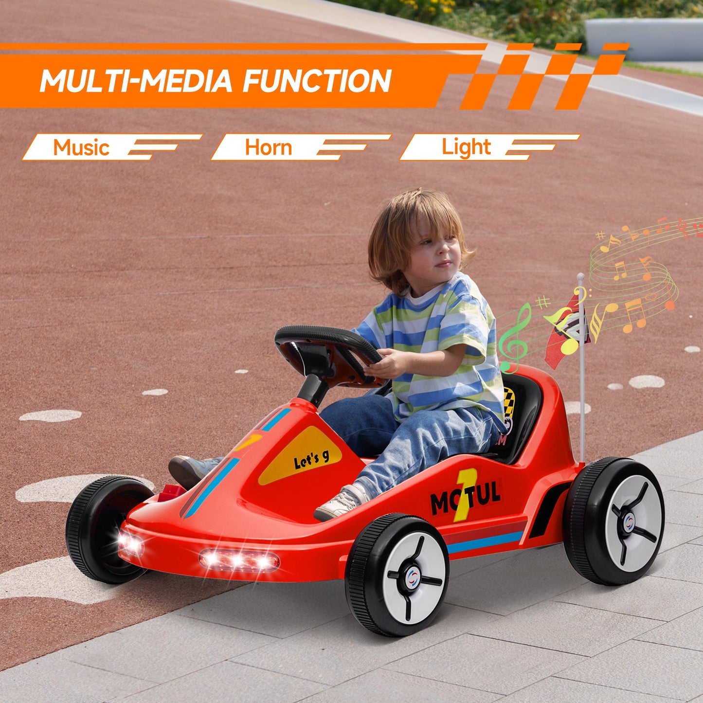 AIYAPLAY 6V Elektryczny Go Kart dla Dzieci z Muzyką, Światłem, Klaksonem, dla 3-5 Lat, Czerwony