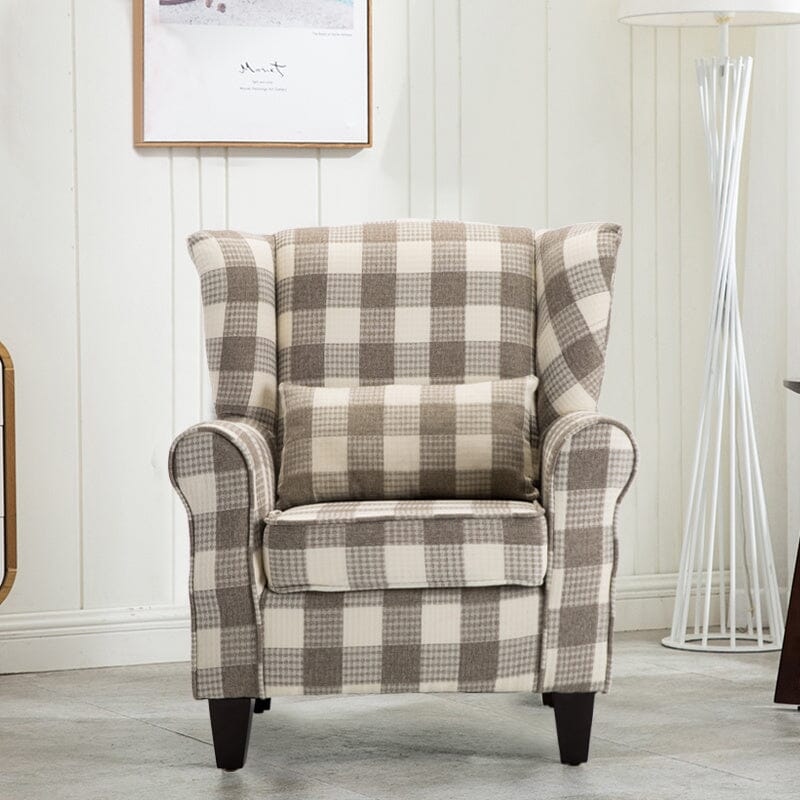 Elegant Coffee Checkered Sofa with Cushions and Walnut Legs