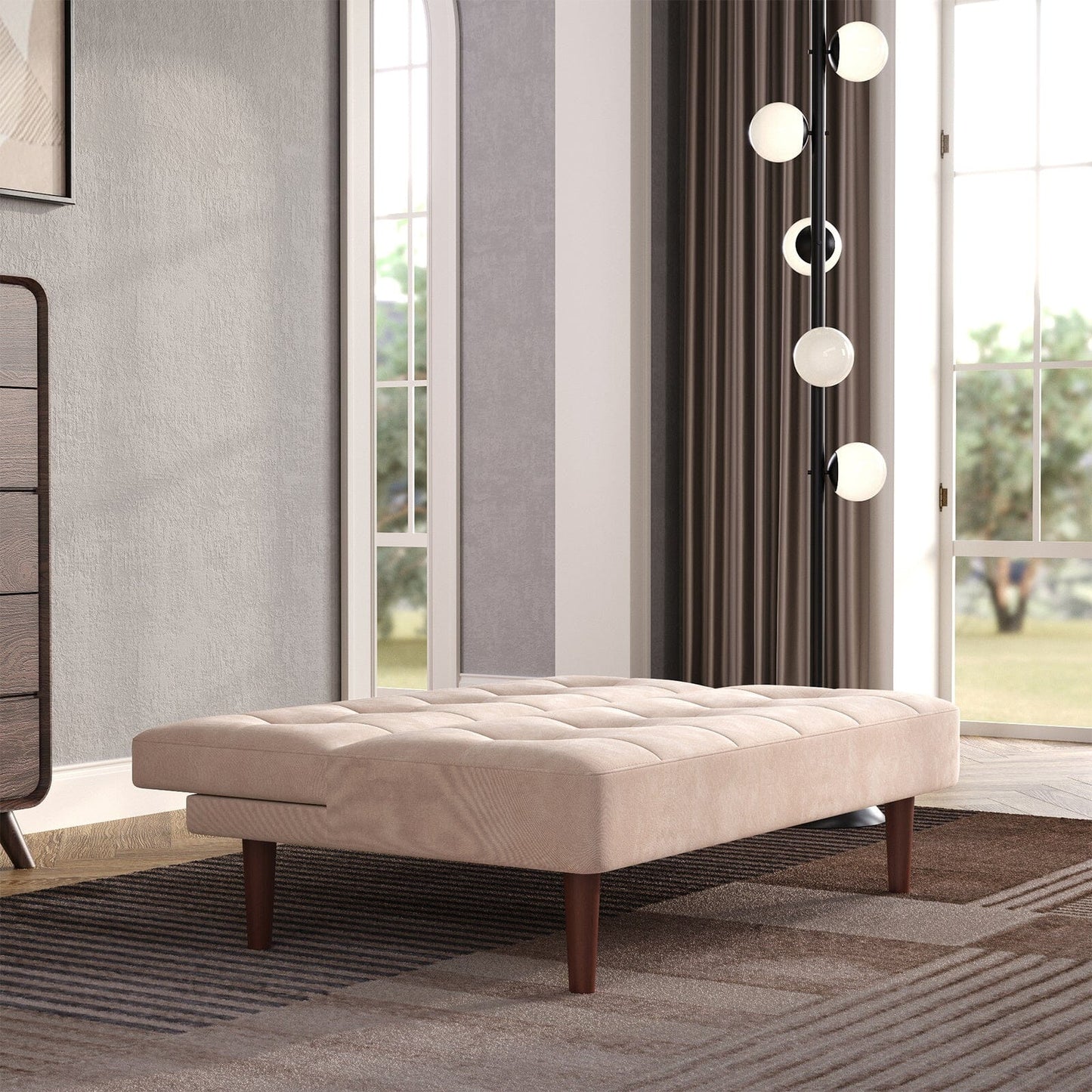 4ft Wide Modern 2 Seater Padded Convertible Sofa Bed with Wooden Legs