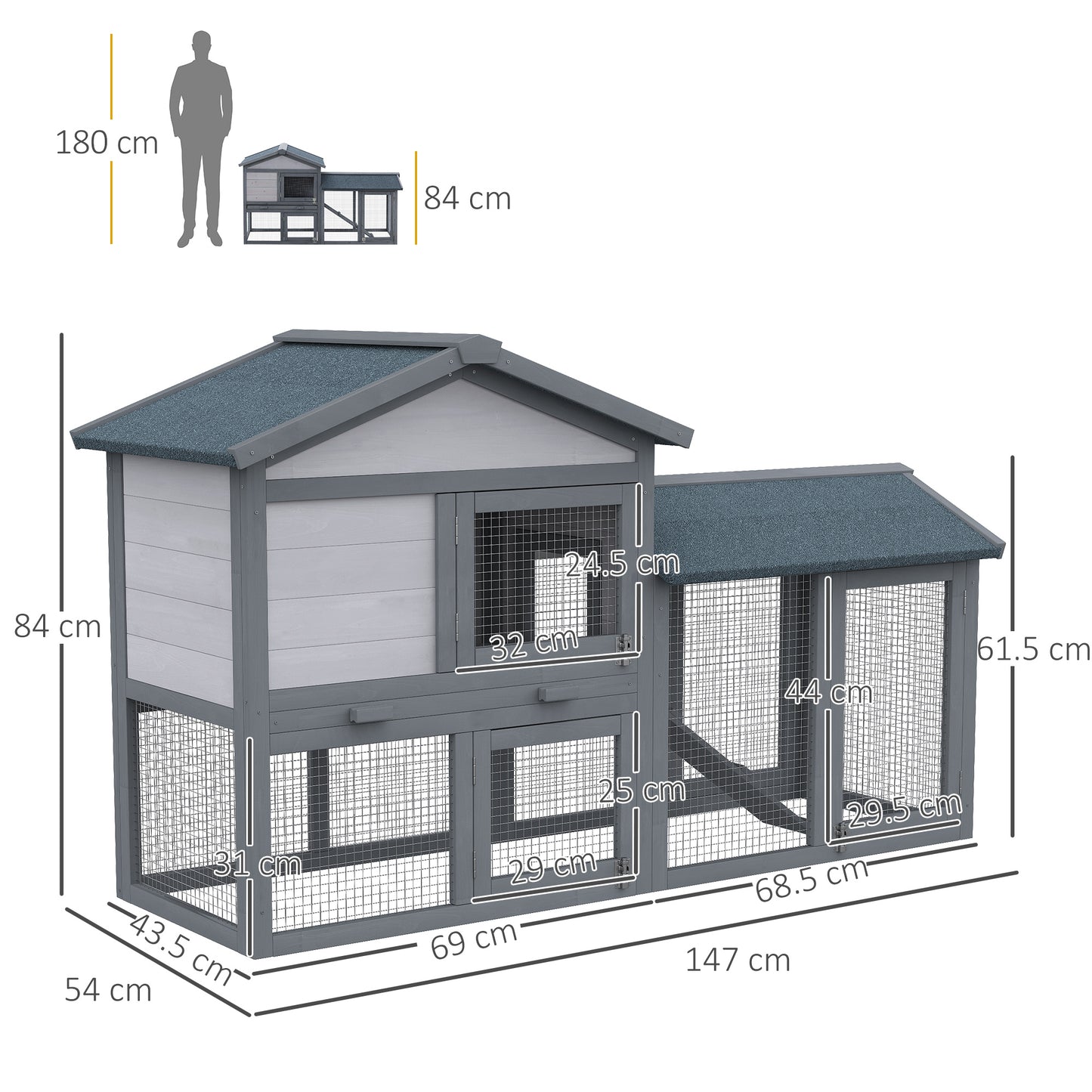PawHut Wooden Rabbit Hutch Outdoor, Double Tier with Water-Resistant Roof, Ramp 147 x 54 x 84 cm, Grey