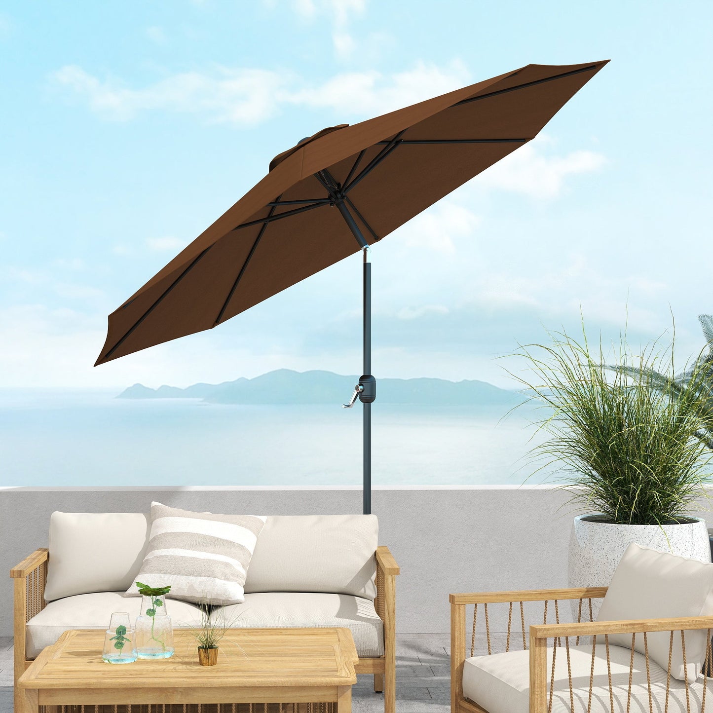 Outsunny 3(m) Tilting Parasol Garden Umbrellas, Outdoor Sun Shade with 8 Ribs, Tilt and Crank Handle for Balcony, Bench, Garden, Coffee