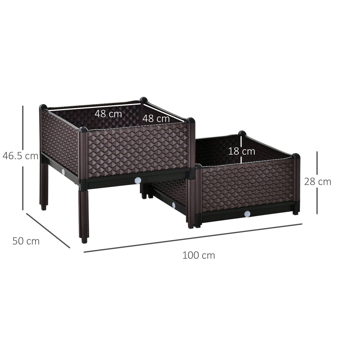 Outsunny 50cm x 50cm x 46,5cm Zestaw 2 41L Plastikowe podwyższone grządki ogrodowe, skrzynia na rośliny, pojemnik do sadzenia warzyw kwiatowych z konstrukcją samonawadniającą i otworami drenażowymi na taras, balkon