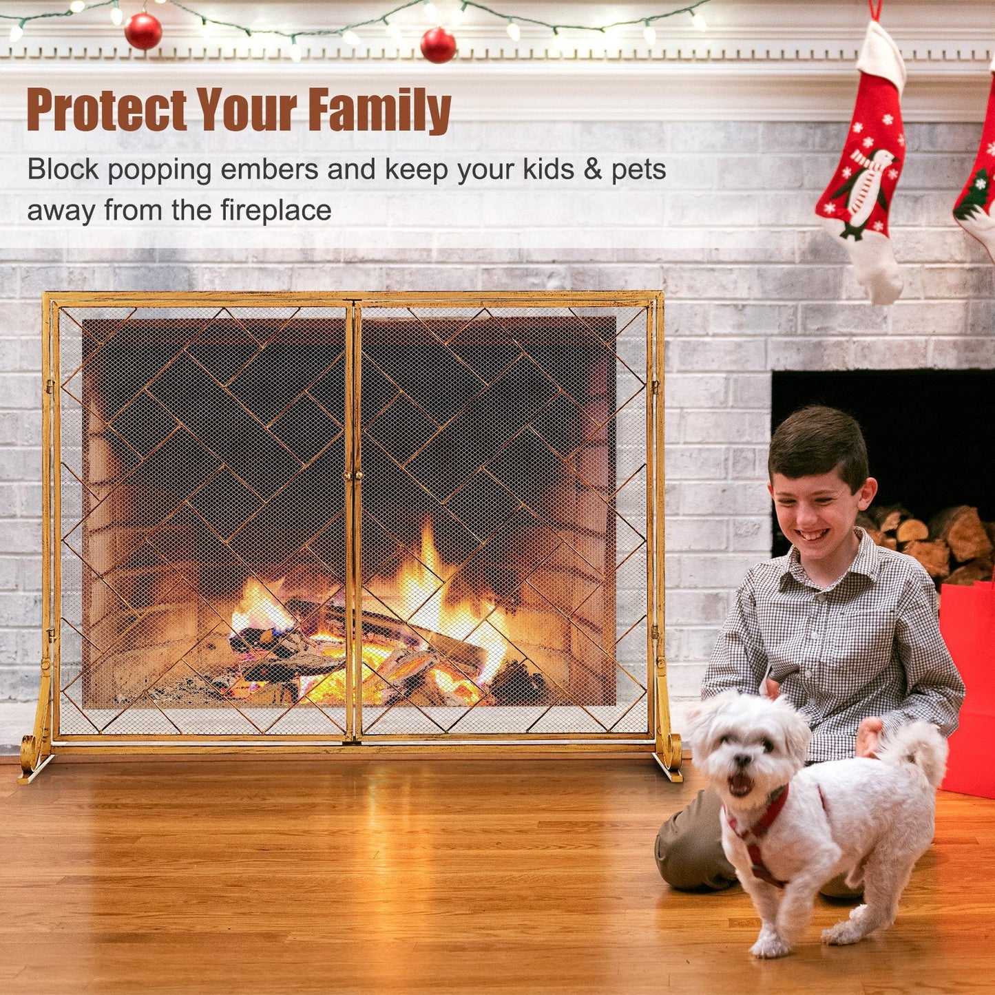 2-Panel Mesh Fireplace Screen with Double Magnetic Doors-Golden