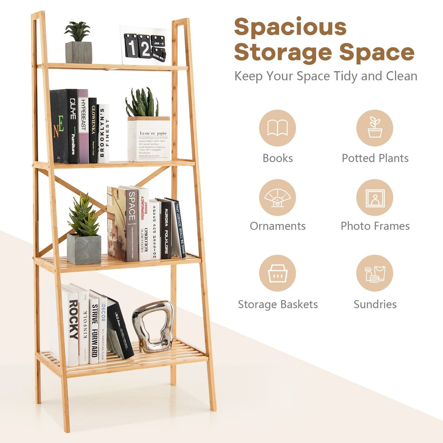 4-Tier Freestanding Bookcase with Anti-Toppling Device for Living Room-Natural