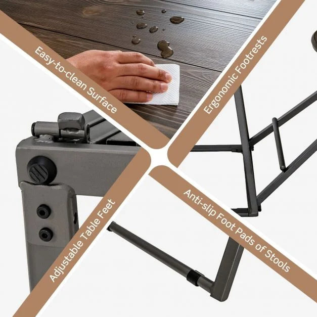 3-Piece Round Table and Stool Set with 2 Foldable Stools-Grey