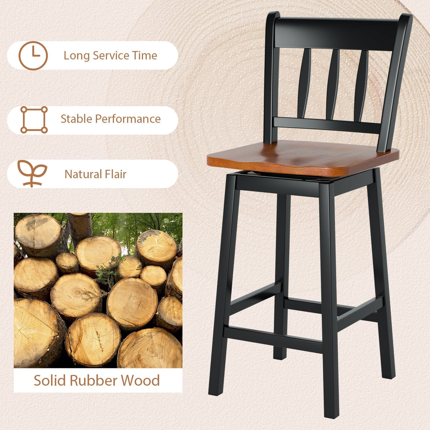 Set of 2 97cm Swivel Rubber Wood Bar Stools with Backrest and Footrest-Black
