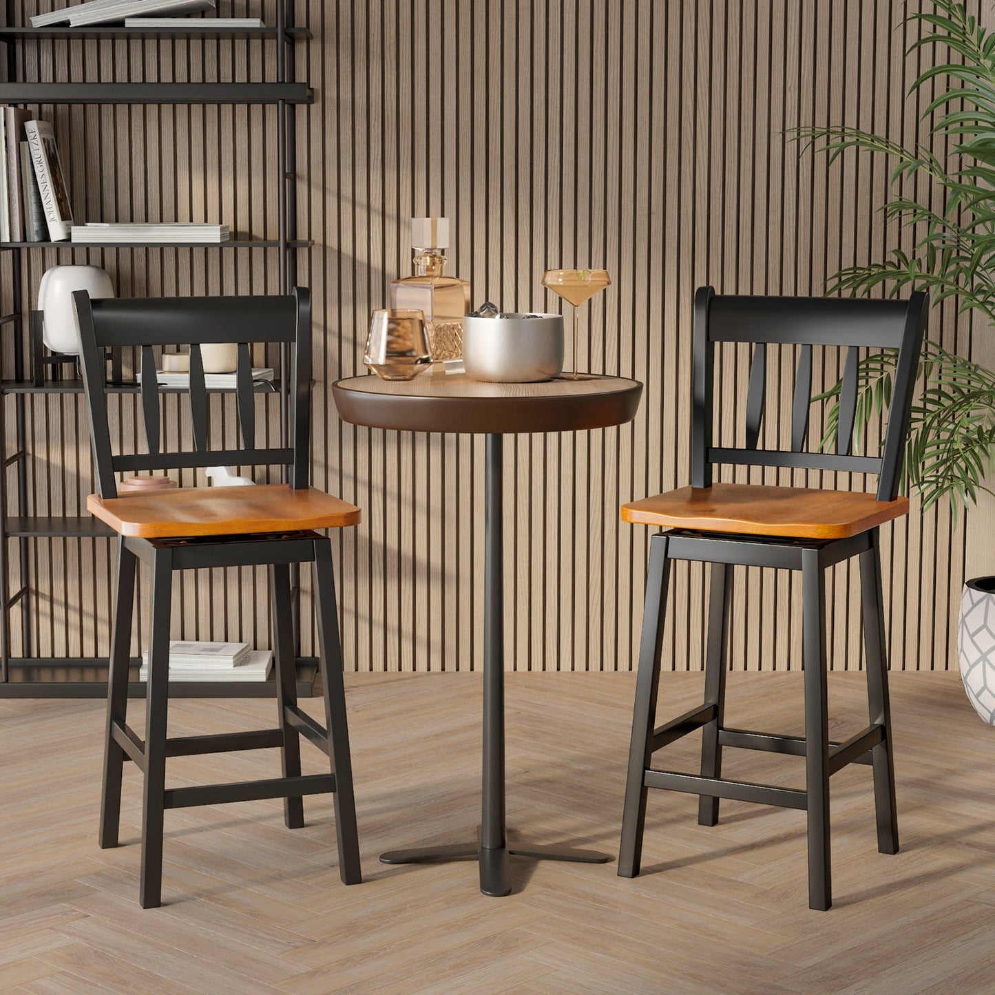 Set of 2 97cm Swivel Rubber Wood Bar Stools with Backrest and Footrest-Black