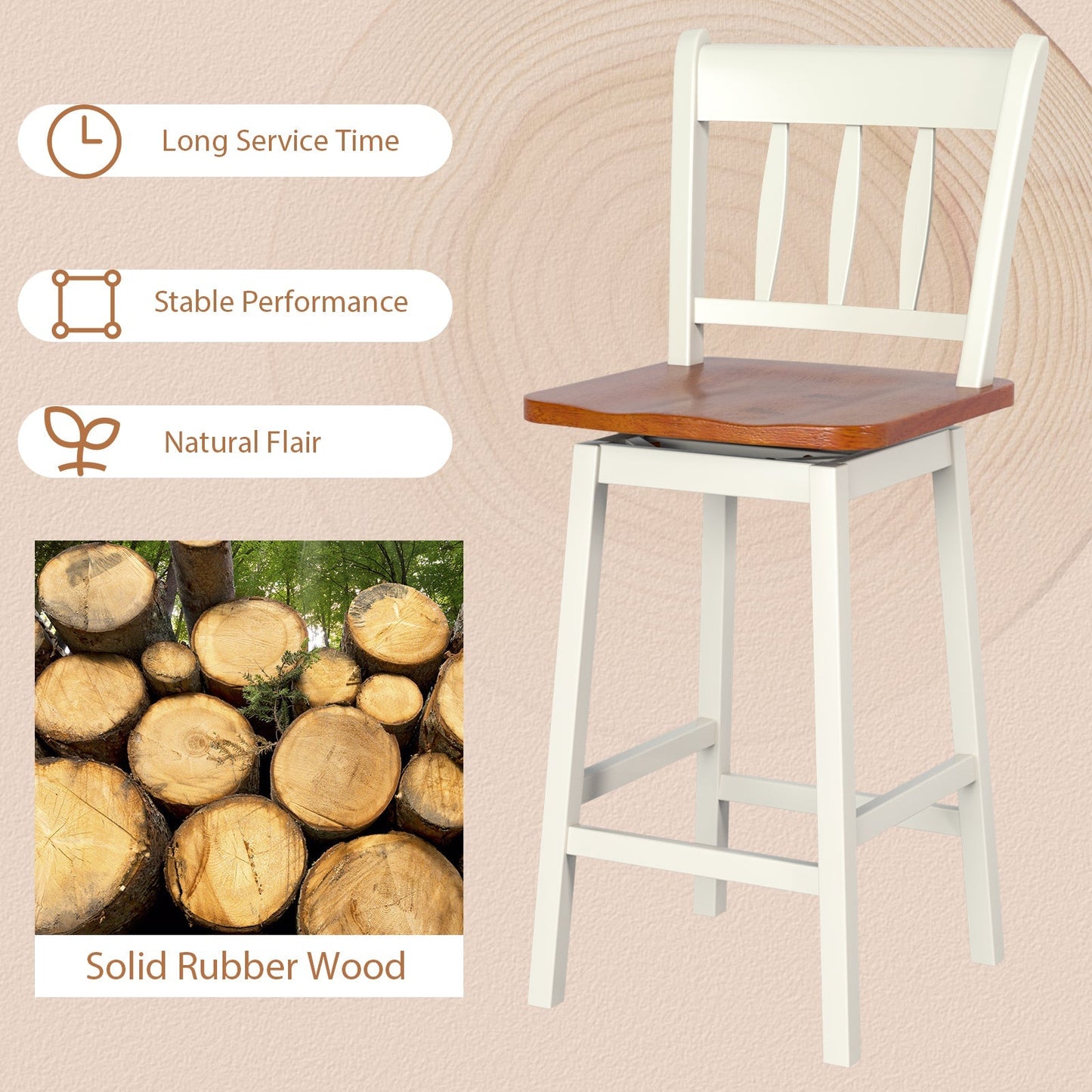 Set of 2 97cm Swivel Rubber Wood Bar Stools with Backrest and Footrest-White