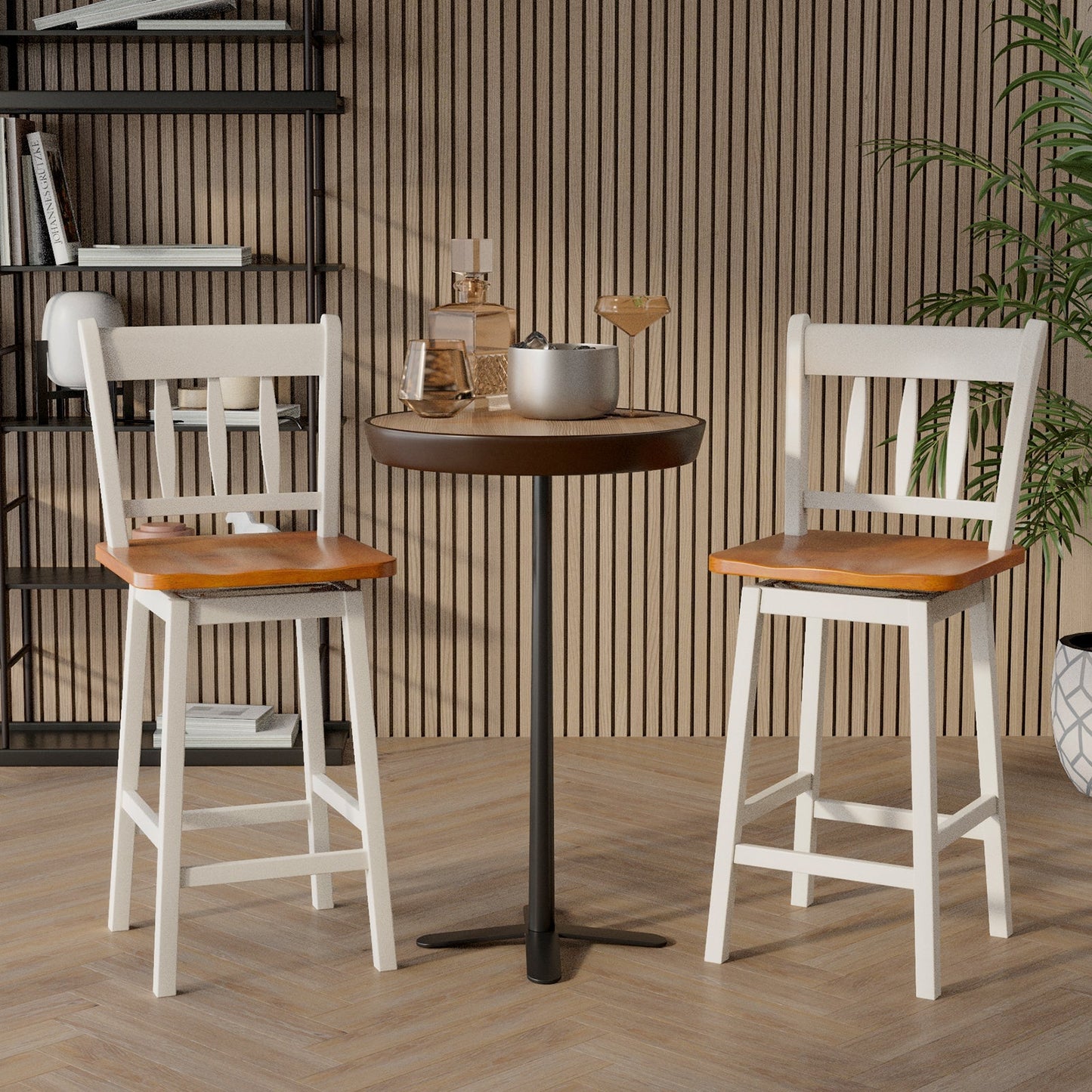 Set of 2 97cm Swivel Rubber Wood Bar Stools with Backrest and Footrest-White