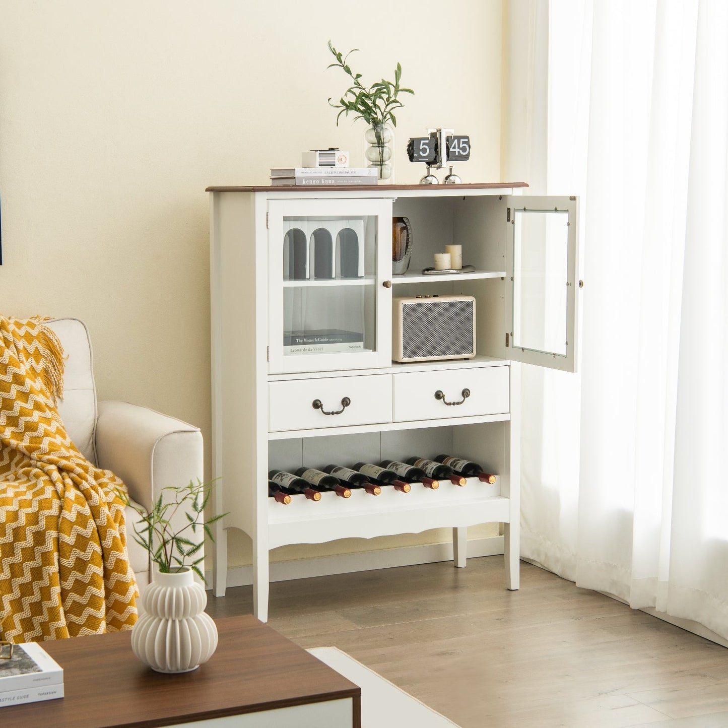 Wooden Kitchen Sideboard with Wine Rack 2 Glass Doors and Drawers-White