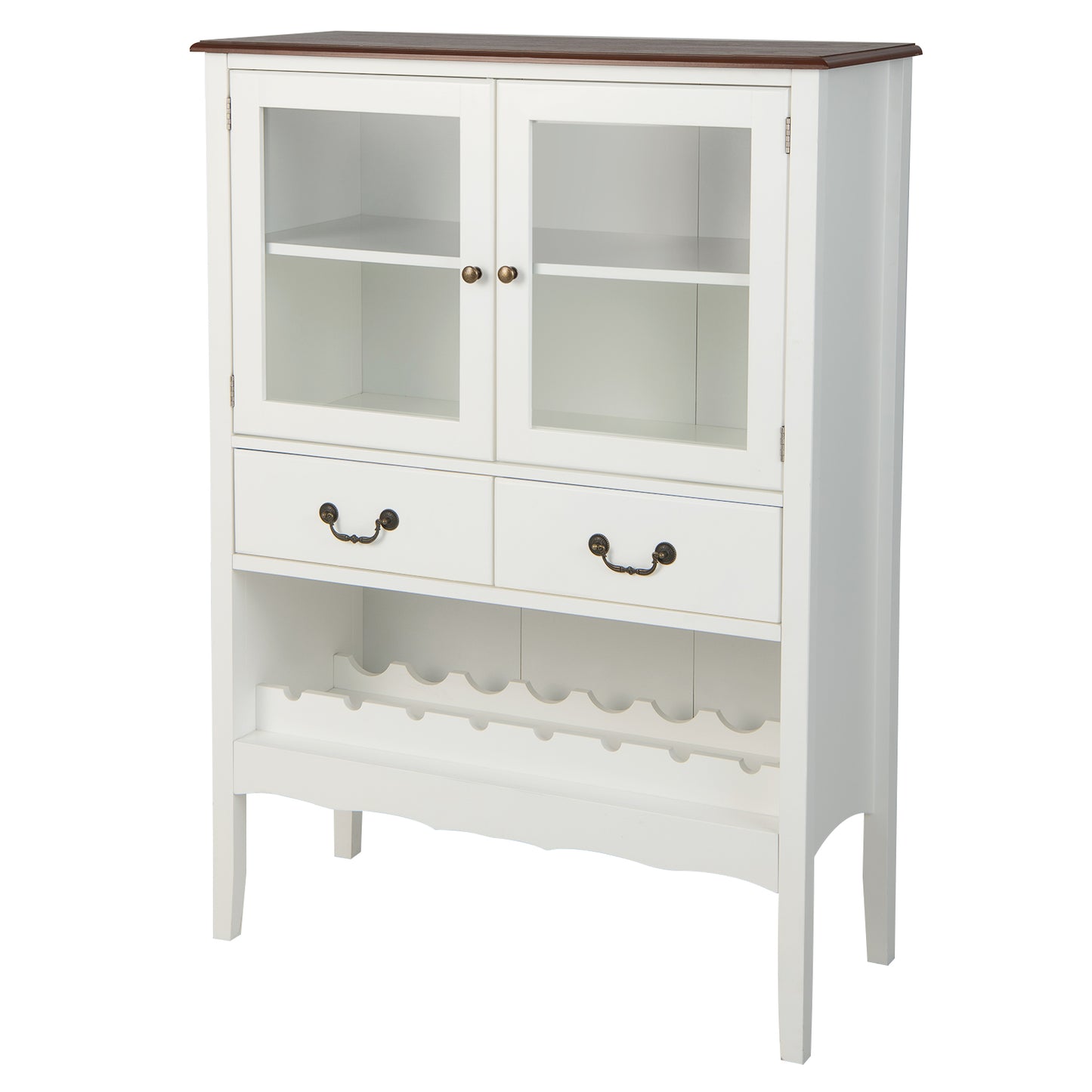 Wooden Kitchen Sideboard with Wine Rack 2 Glass Doors and Drawers-White