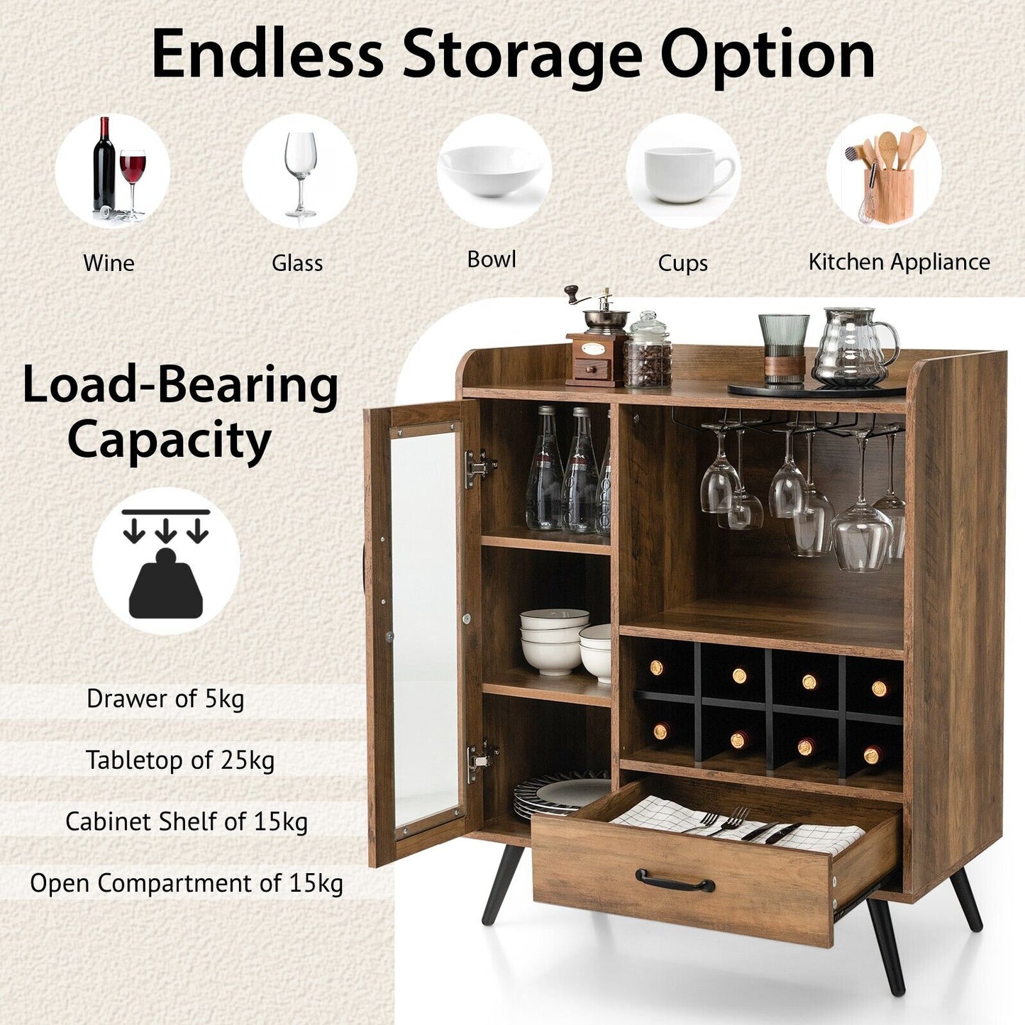 Wooden Wine Cabinet with Removable Wine Rack and Glass Holder-Brown