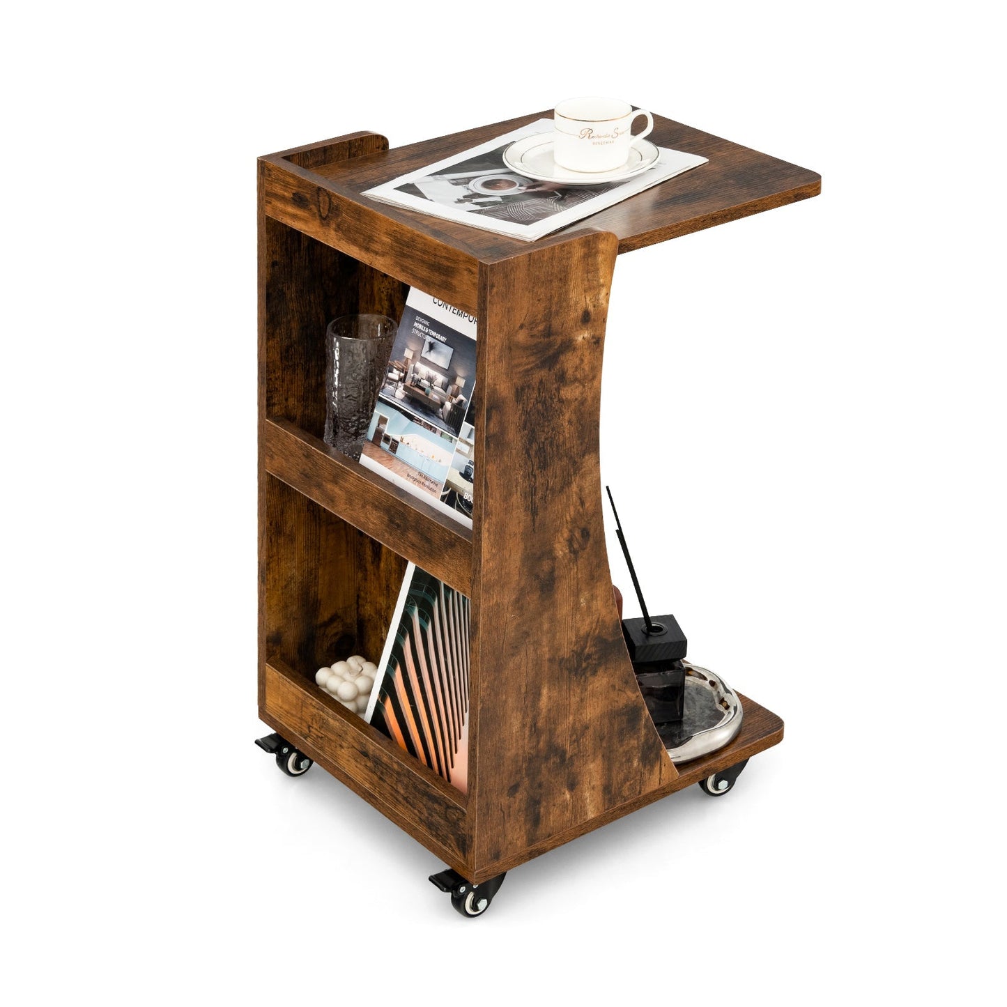 C-Shaped Side Table with Storage Shelf for Bedroom and Living Room-Natural