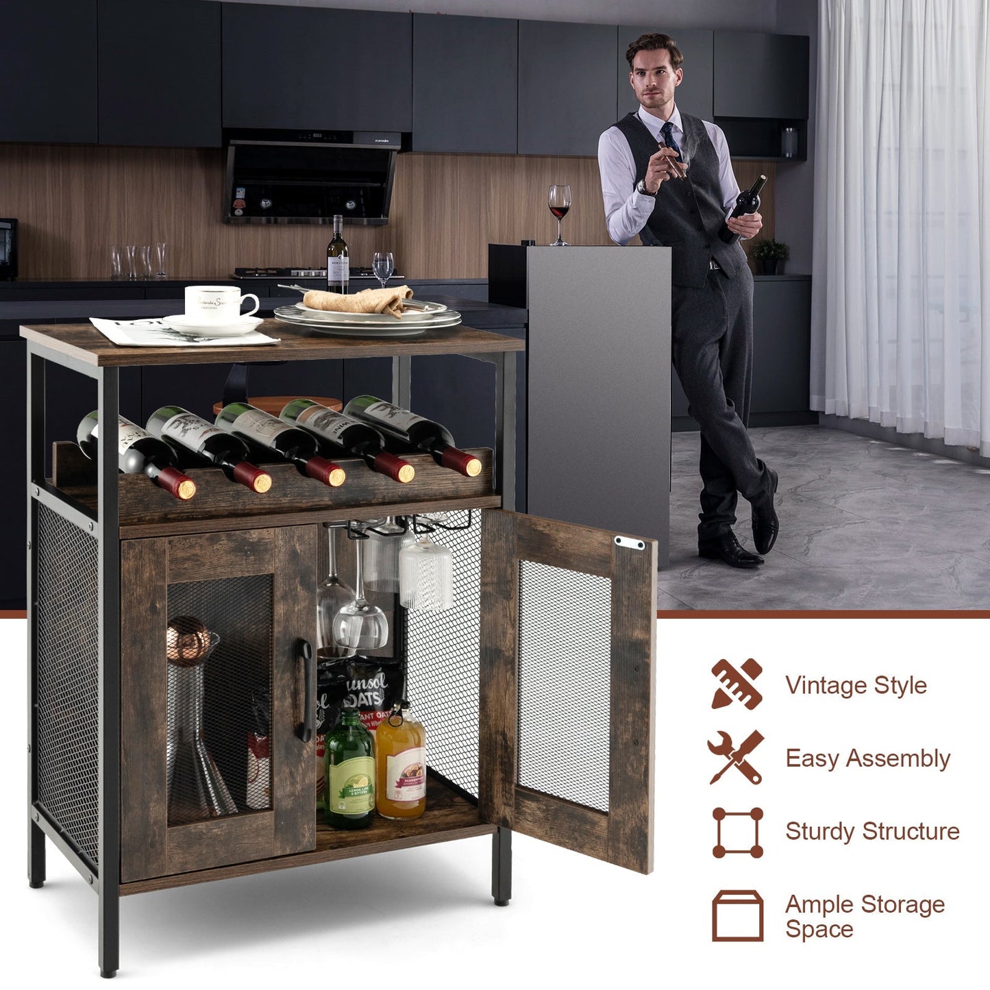 Industrial Kitchen Storage Cabinet for Dining Living Room -Rustic Brown