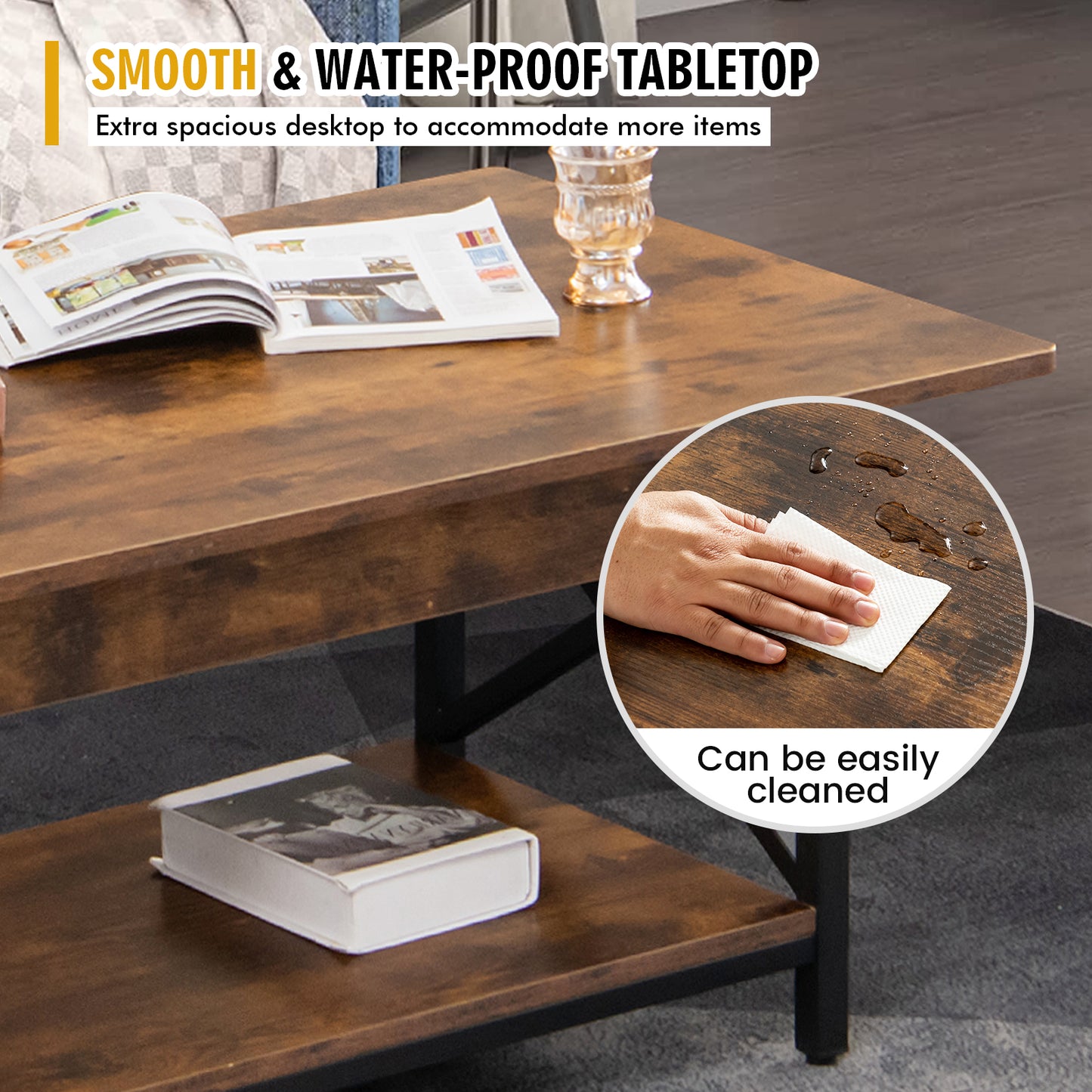 2-Tier Industrial Coffee Table for Living Room Bedroom Office-Rustic Brown