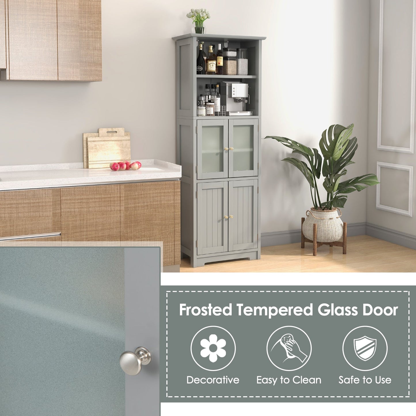 Freestanding Storage Cabinet with Tempered Glass Door and Open Shelves-Grey