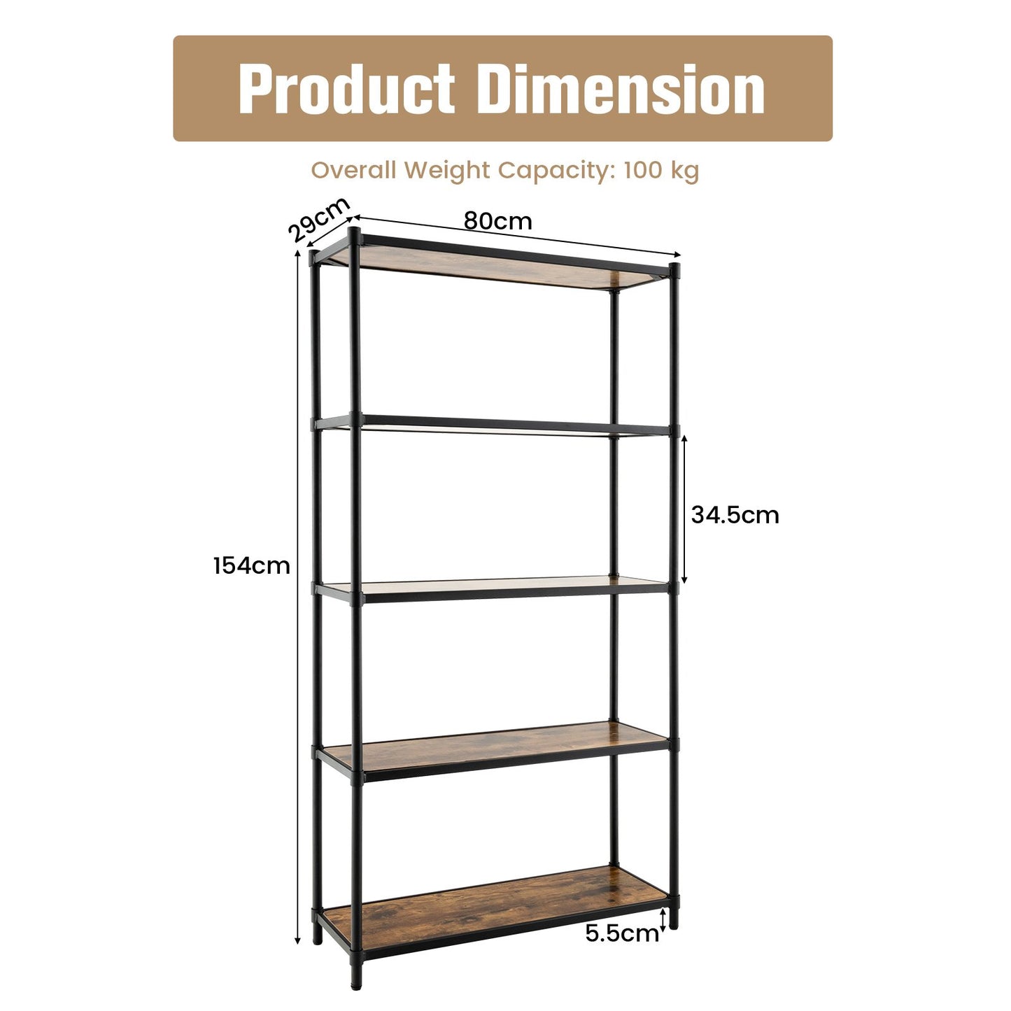5-Tier Wooden Bookshelf for Living Room Bedroom and Office-Rustic Brown