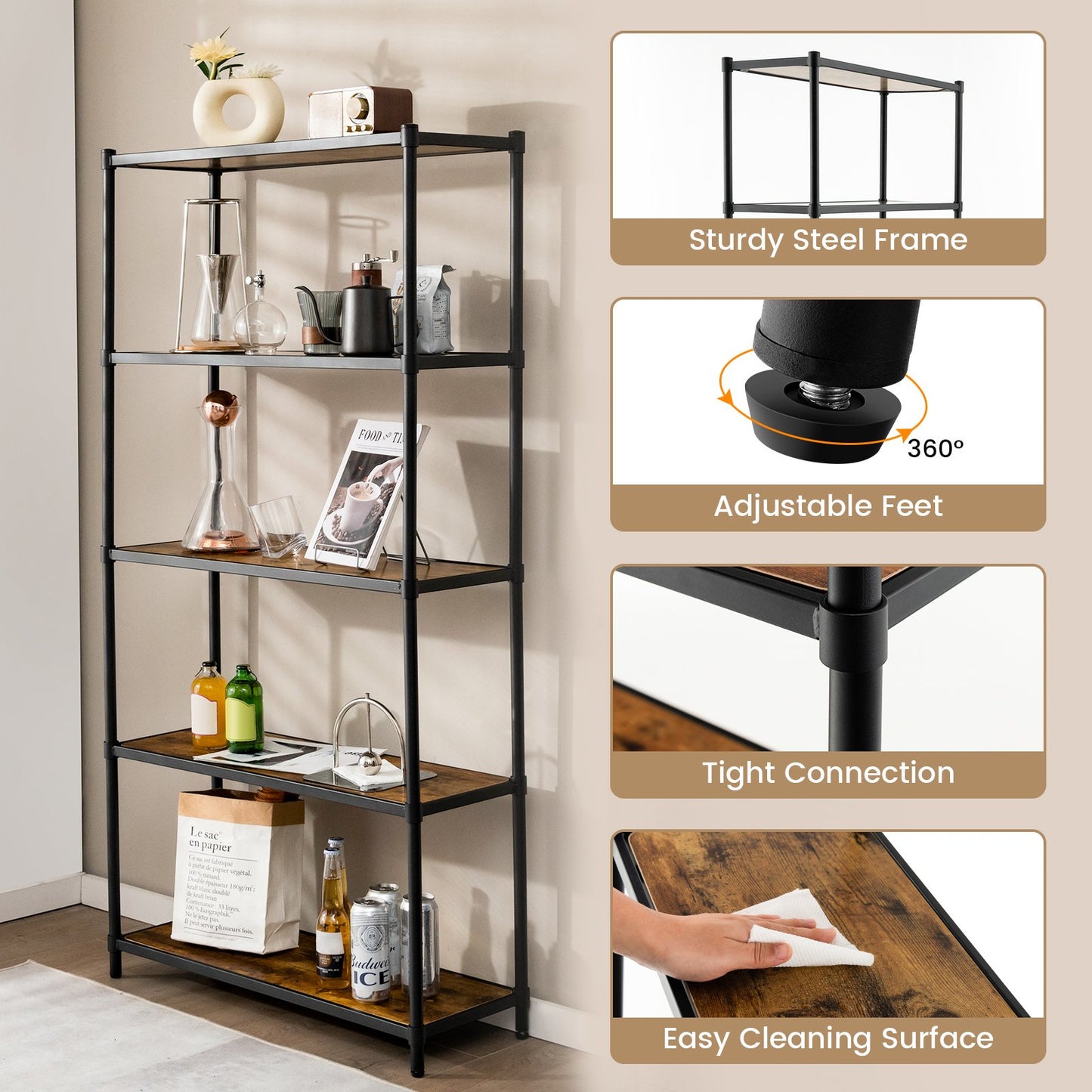 5-Tier Wooden Bookshelf for Living Room Bedroom and Office-Rustic Brown