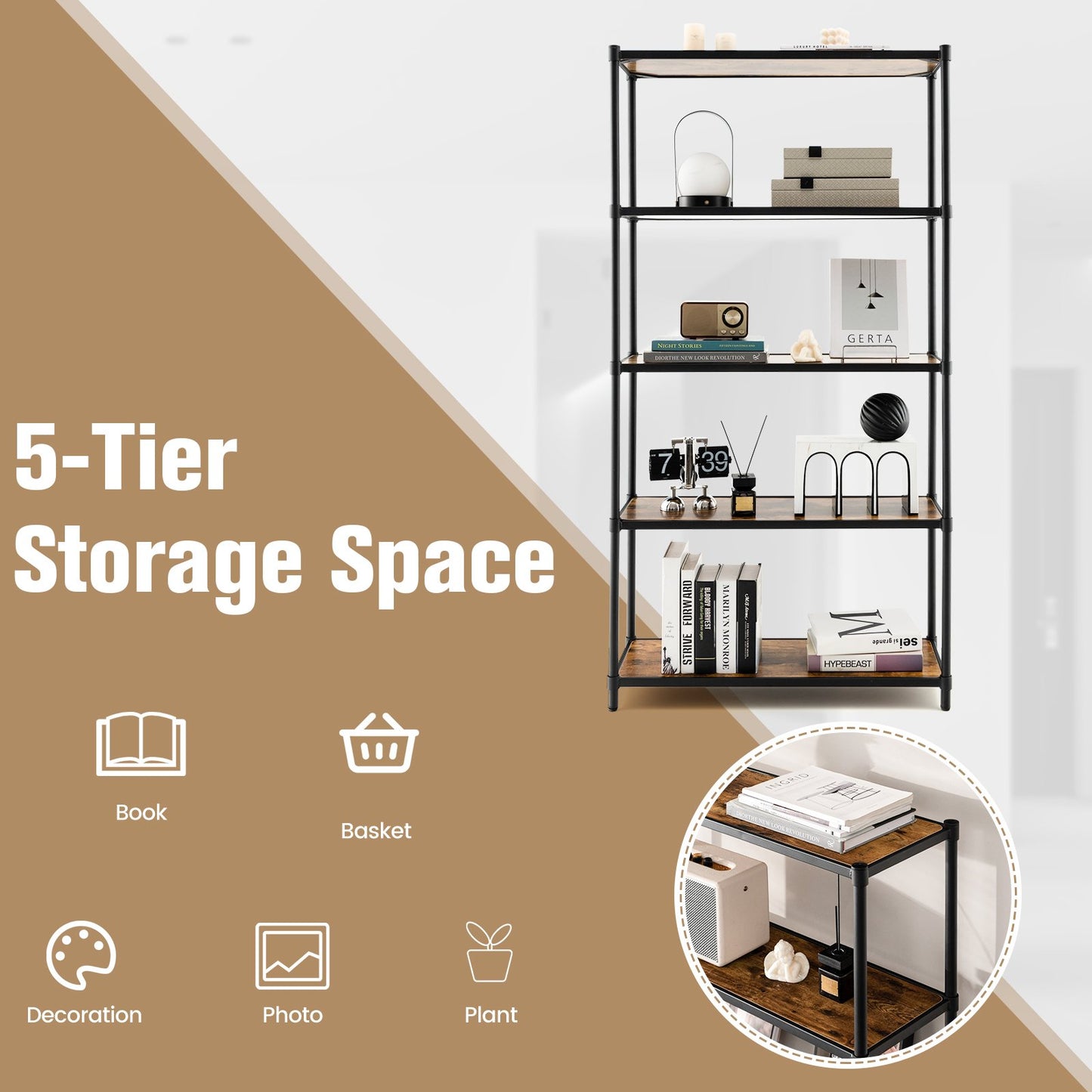 5-Tier Wooden Bookshelf for Living Room Bedroom and Office-Rustic Brown