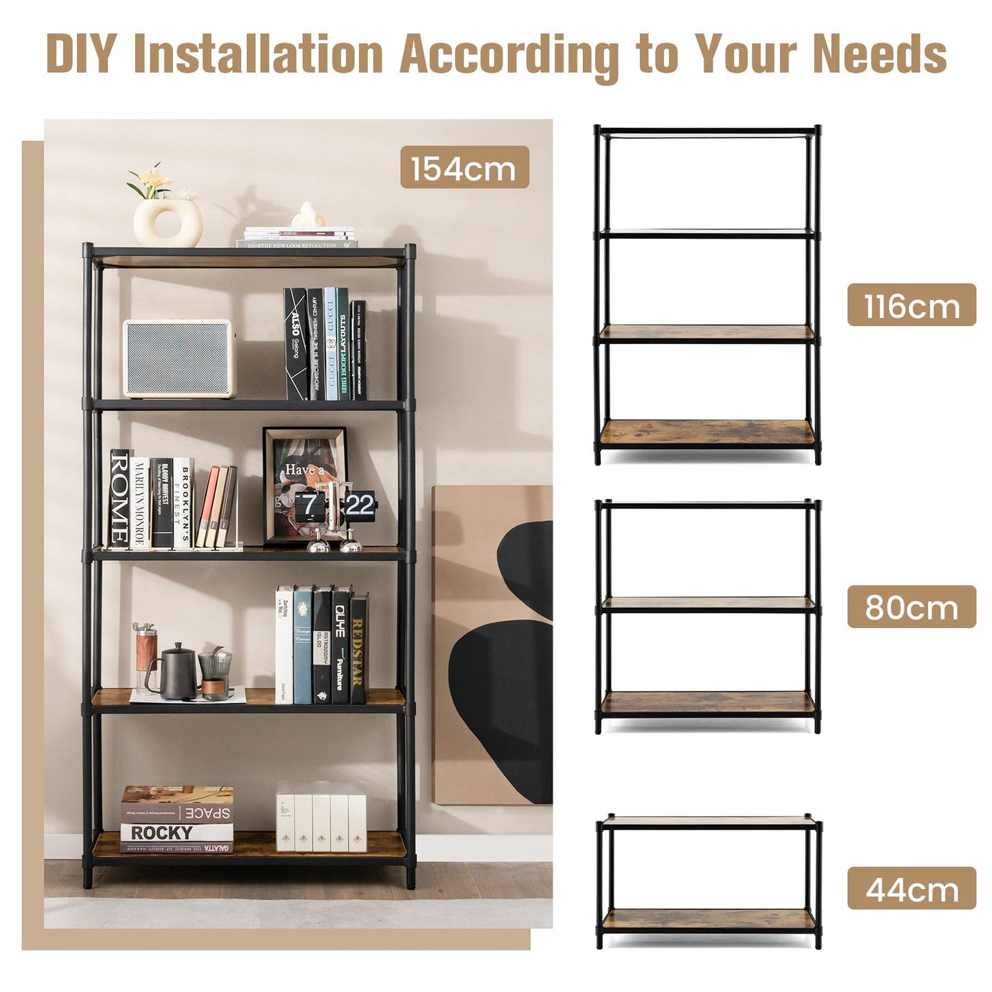 5-Tier Wooden Bookshelf for Living Room Bedroom and Office-Rustic Brown