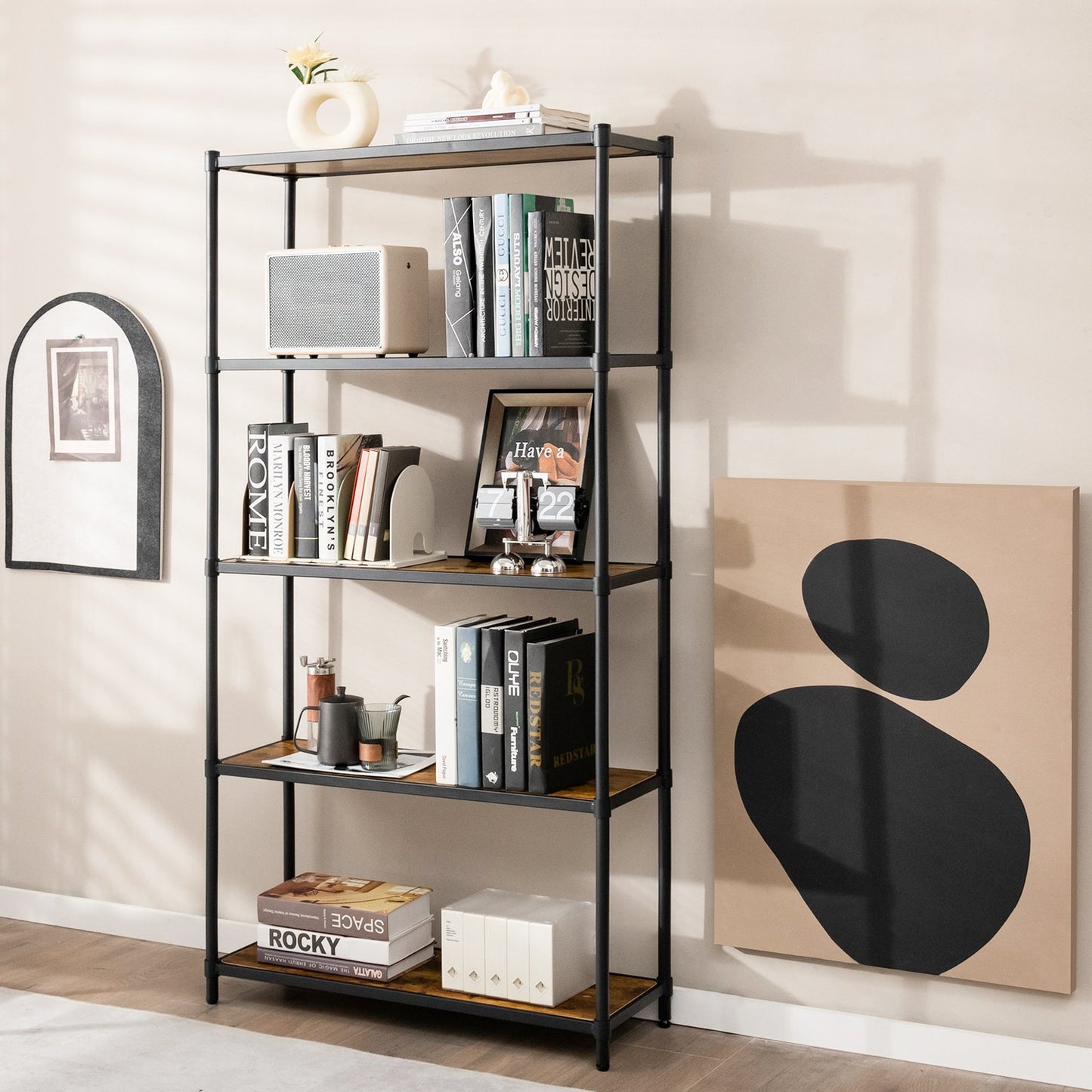 5-Tier Wooden Bookshelf for Living Room Bedroom and Office-Rustic Brown