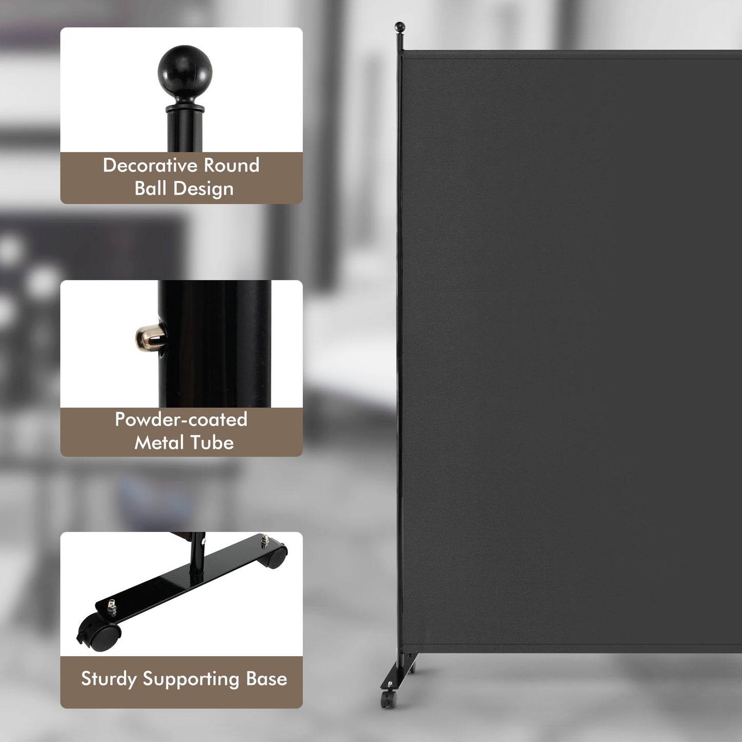 Single Panel Rolling Room Divide rwith Wheels-Grey