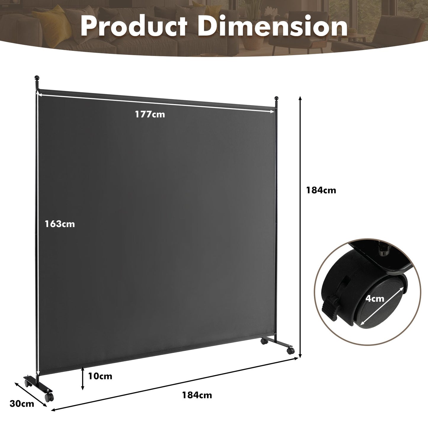 Single Panel Rolling Room Divide rwith Wheels-Grey