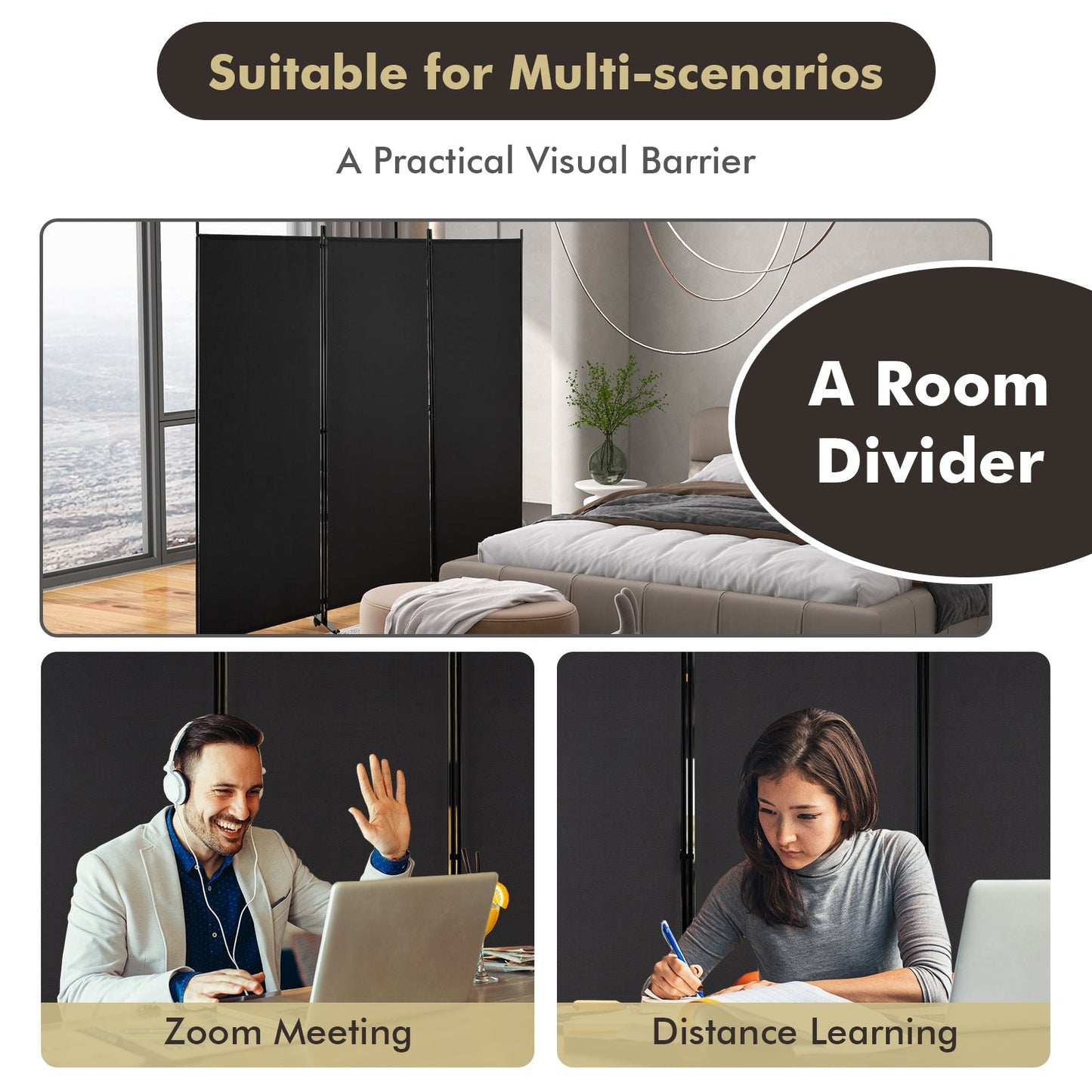 3-Panel Folding Room Divider with Wheels for Living Room Bedroom-Black