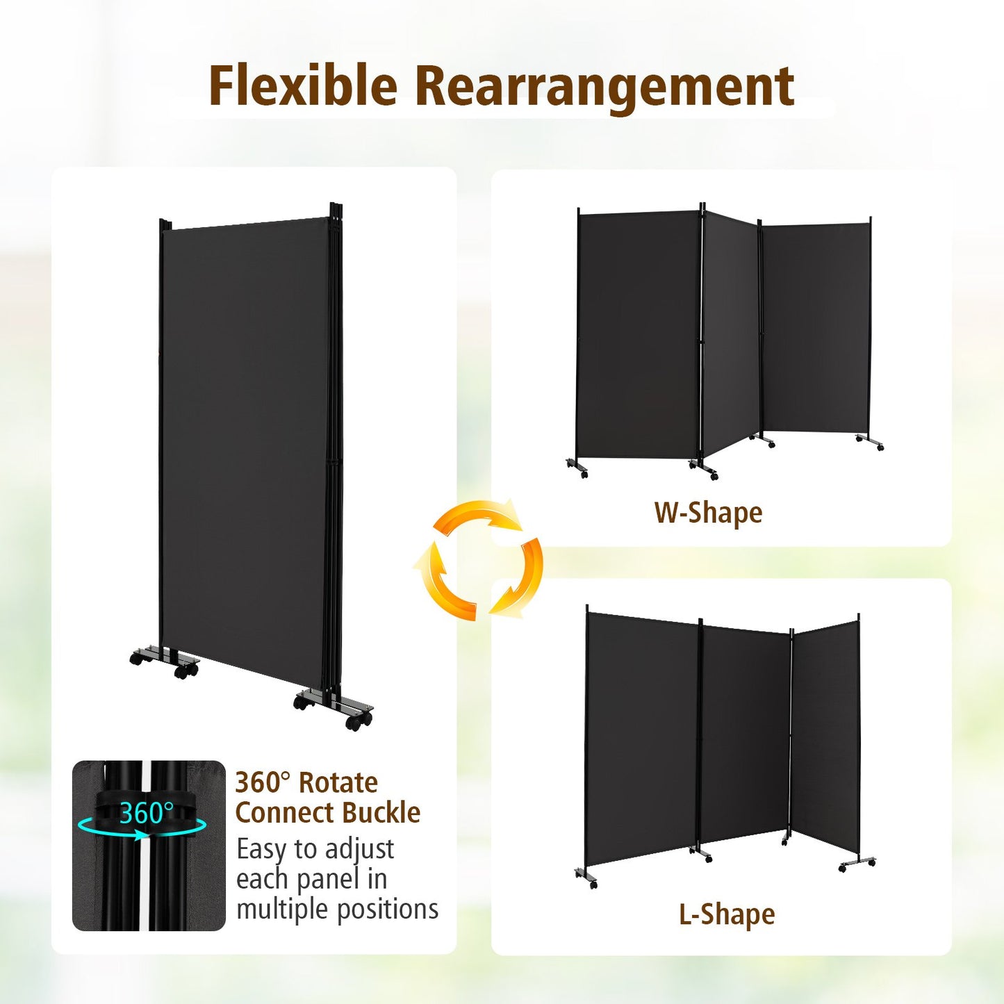 3-Panel Folding Room Divider with Wheels for Living Room Bedroom-Grey