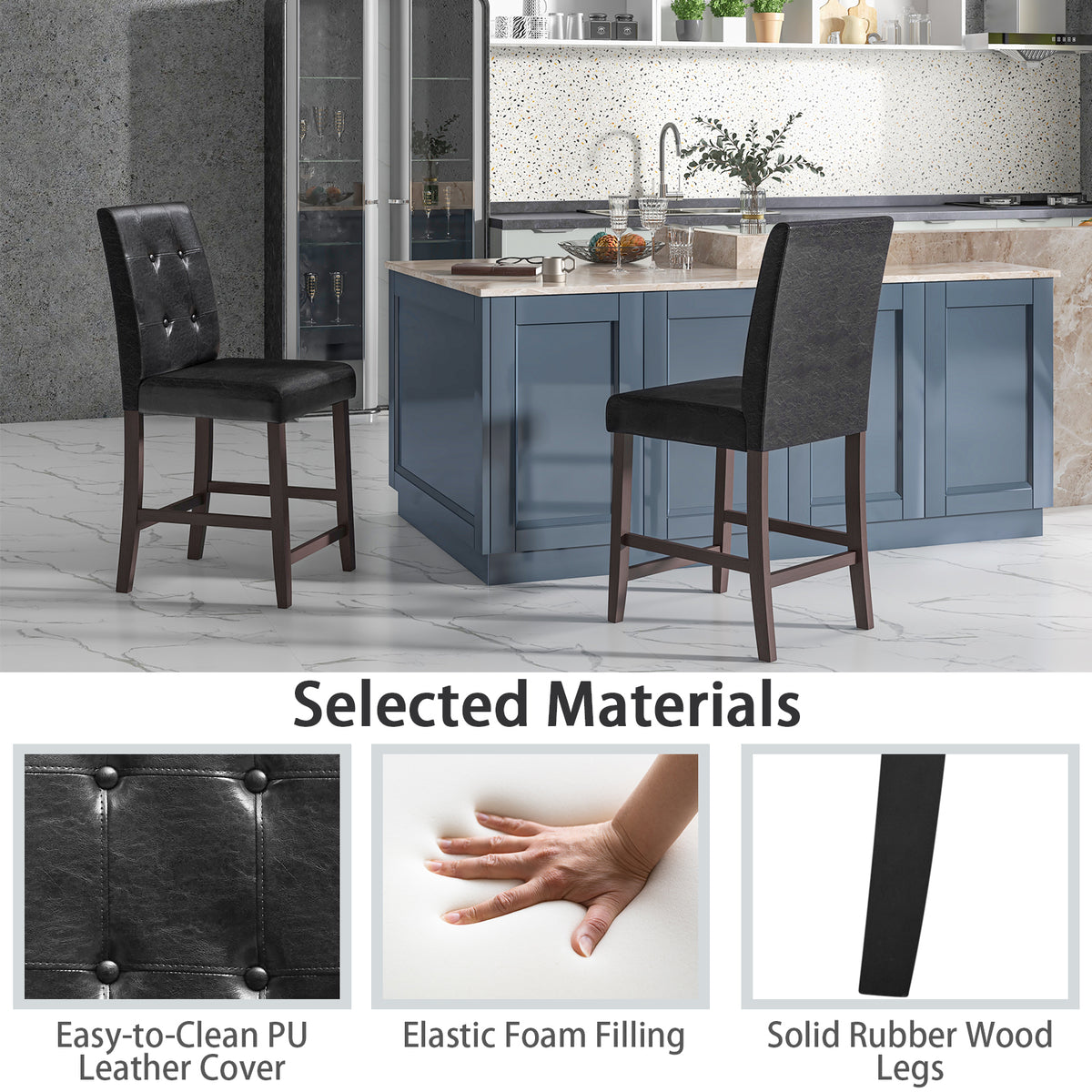 Set of 2 Padded Bar Stools with Rubber Wood Legs