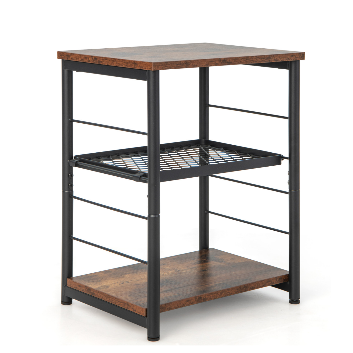 3-Tier Side Table with Adjustable Mesh Shelf for Living Room Bedroom-Rustic Brown